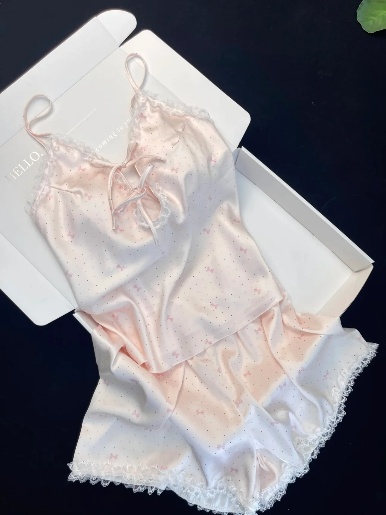 Pink Bow Print Satin Pajama Set for Women 2 Piece Silky Lingerie Sleepwear Camisole Pj Shorts Set Soft Nightwear