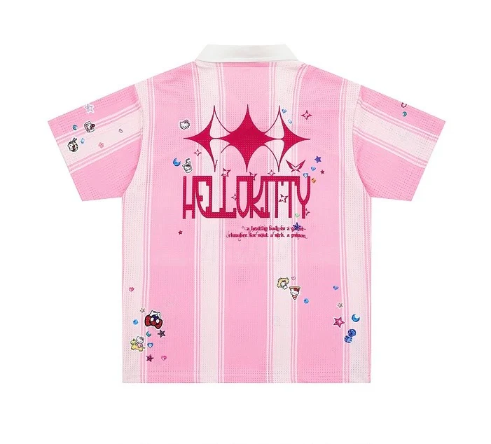 Hellokitty Jersey Shirts for Women V Neck Tshirt Striped Number Graphic Shirt Casual Y2k Streetwear Tee Tops