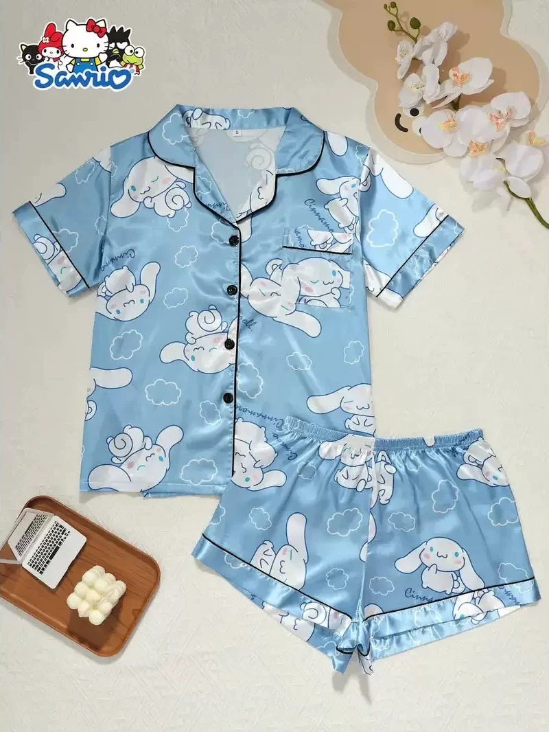 Sanrio Womens Silk Satin Pajama Sets Short Sleeve Button Down Sleepwear Cozy Loungewear 2 Piece Pjs Shorts Set （S-XXXL）