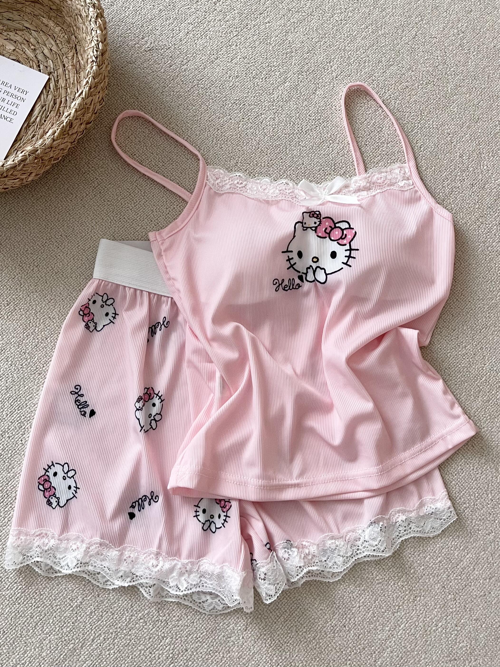 Hellokitty Pink Lace Pajama Set for Women 2 Piece Lingerie Sleepwear Camisole Pj Shorts Set Nightwear