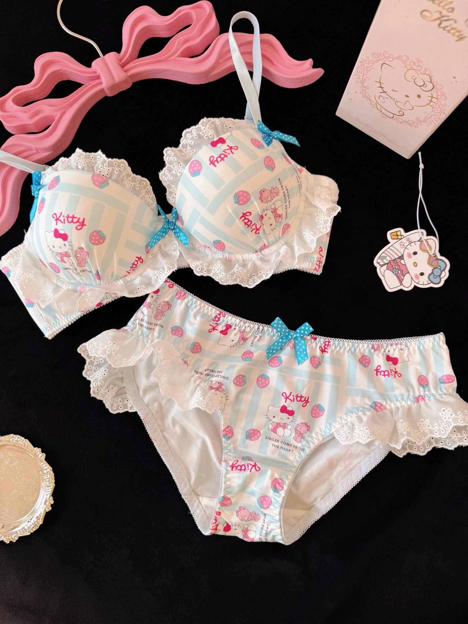 Strawberry Hellokitty Lace Trim Cotton Underwire Cute Push Up Strappy Lingerie Set Panty Bra