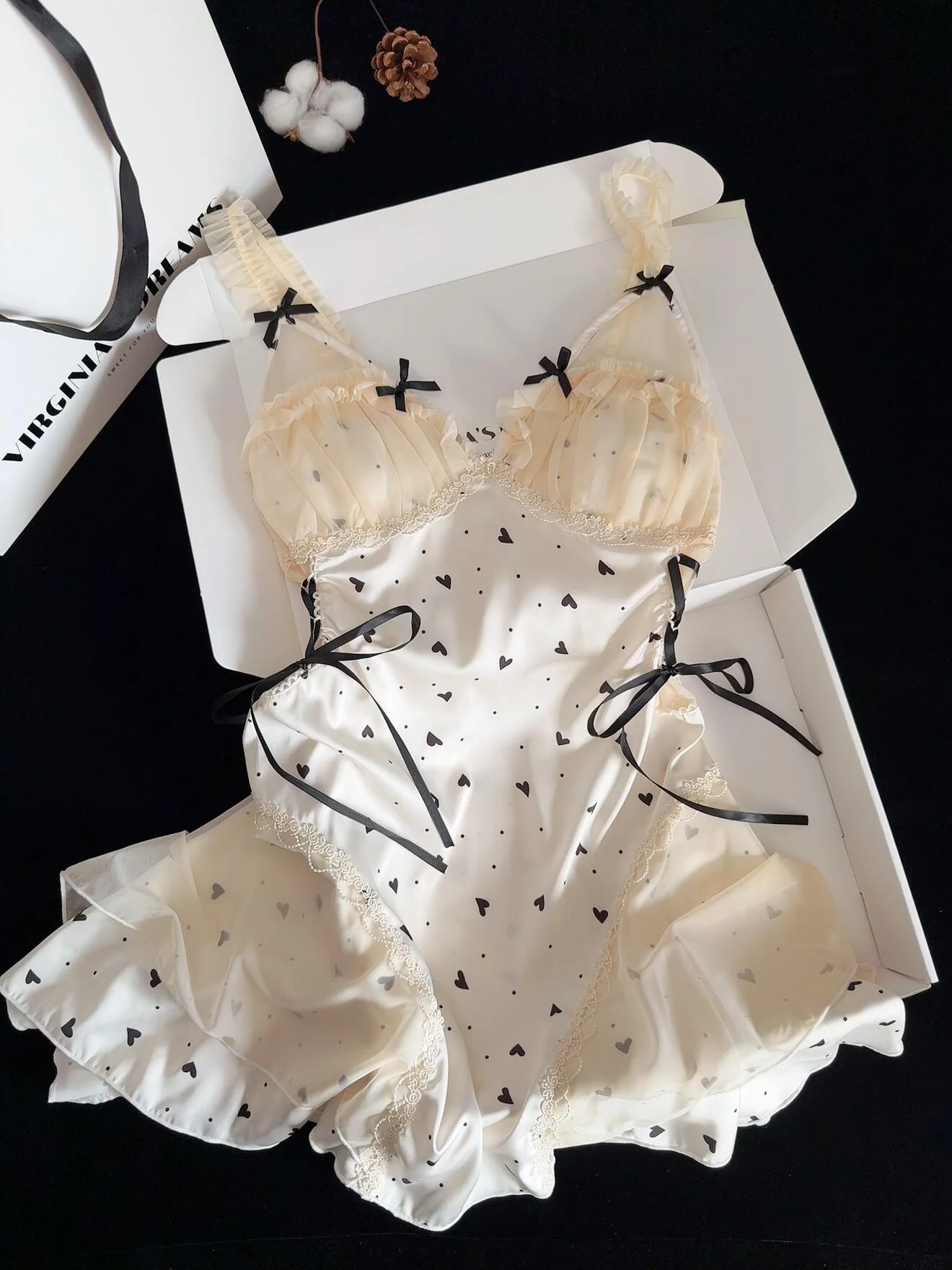 Black Heart Print Lace Trim Double Layer Gauze Silk Nightgown for Women Satin Slip Dress Nightdress