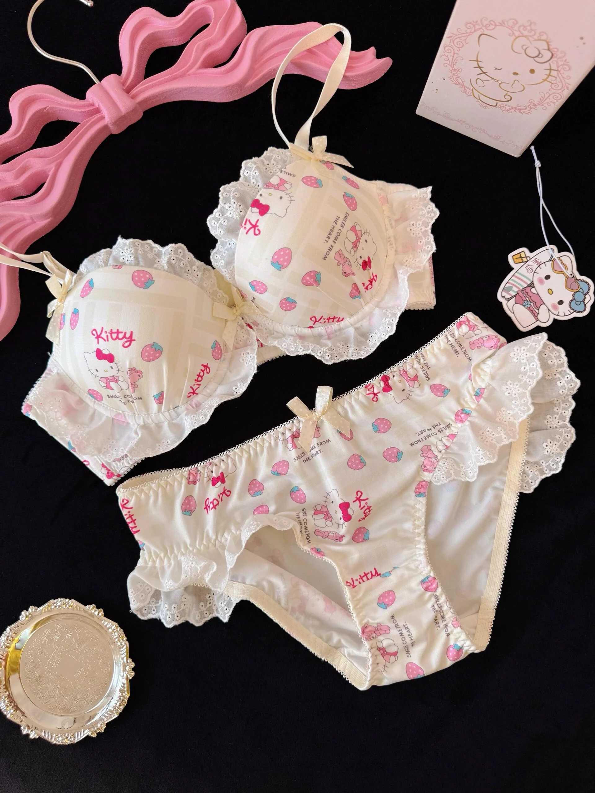 Strawberry Hellokitty Lace Trim Cotton Underwire Cute Push Up Strappy Lingerie Set Panty Bra