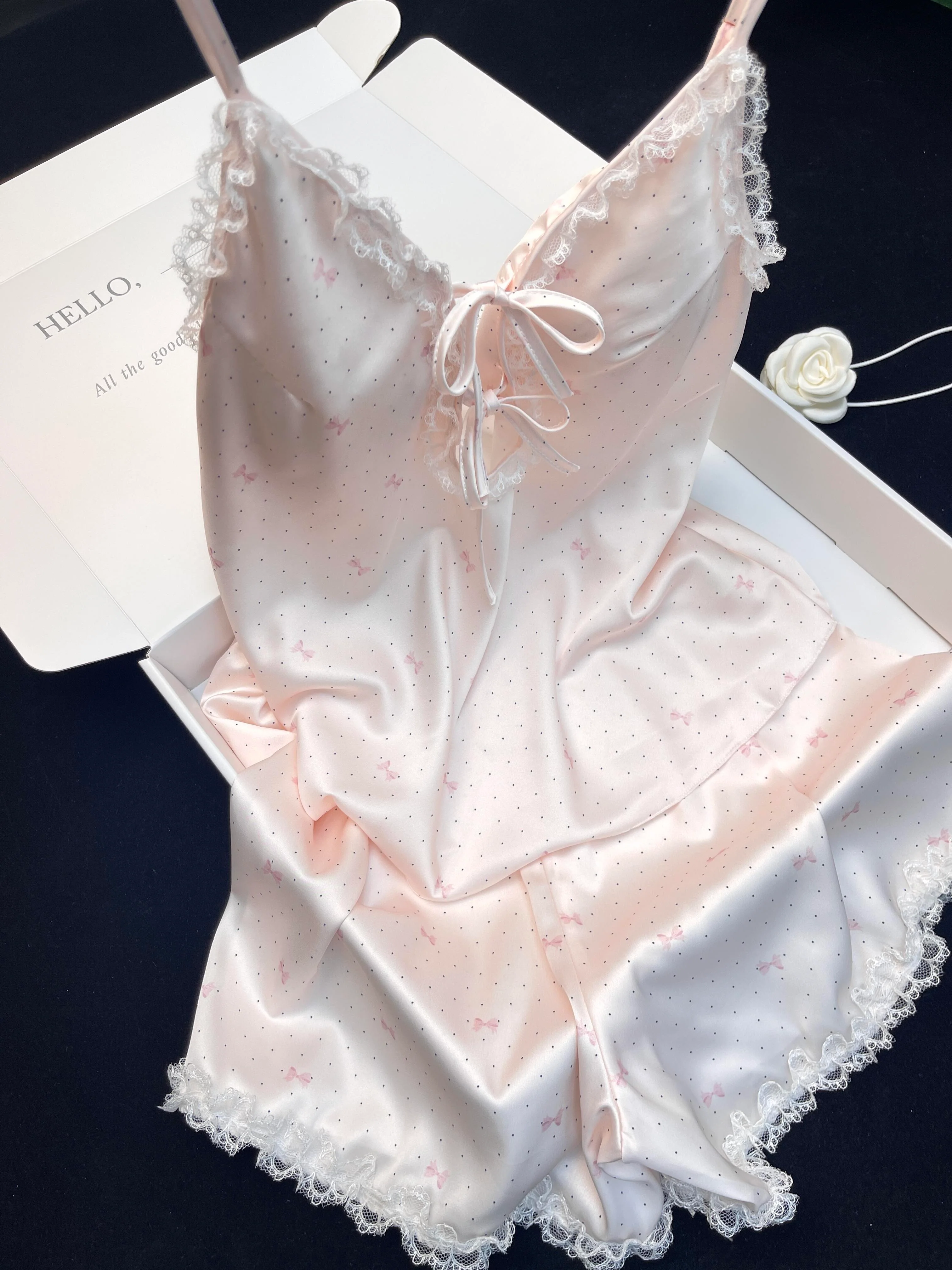 Pink Bow Print Satin Pajama Set for Women 2 Piece Silky Lingerie Sleepwear Camisole Pj Shorts Set Soft Nightwear