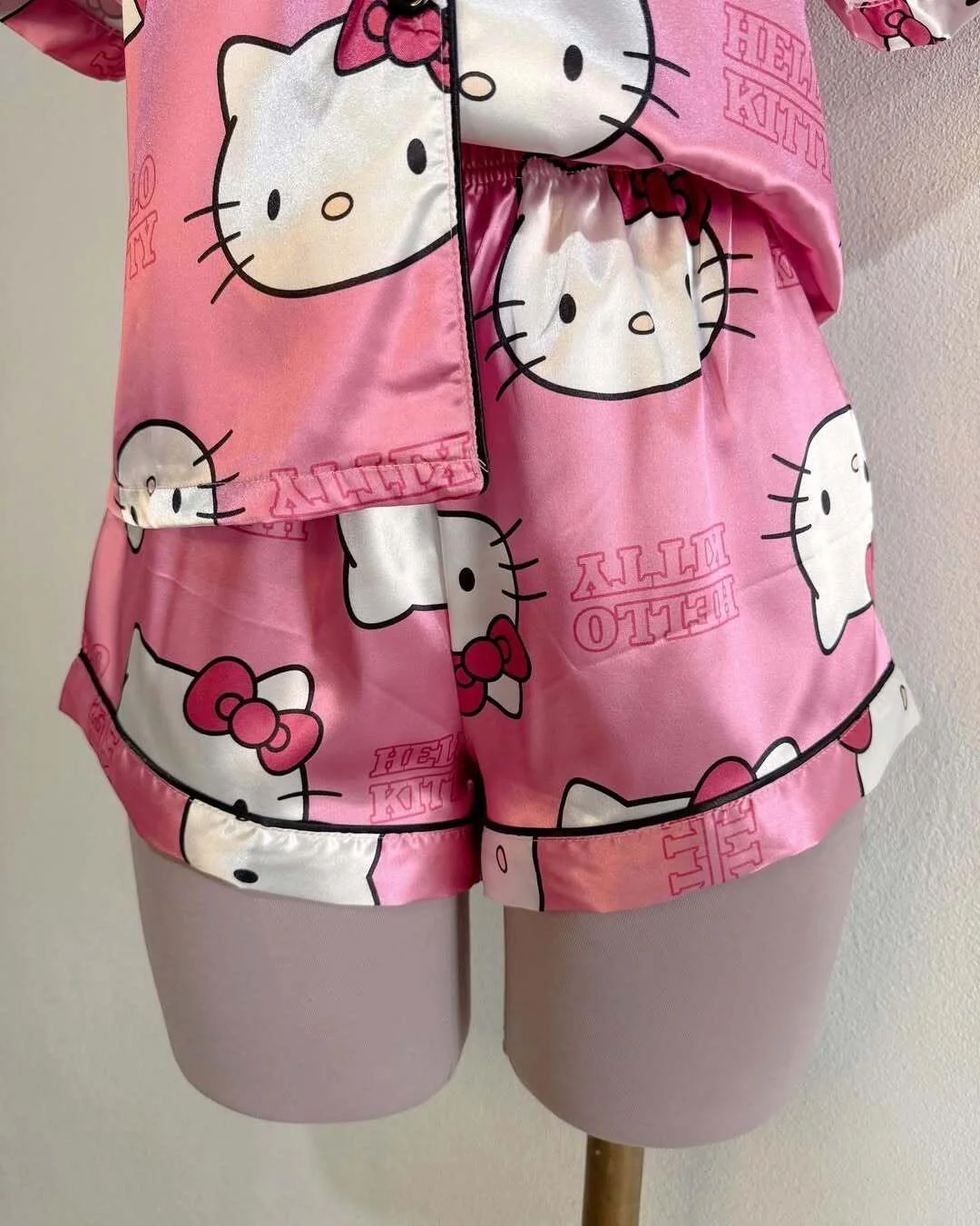 Sanrio Womens Silk Satin Pajama Sets Short Sleeve Button Down Sleepwear Cozy Loungewear 2 Piece Pjs Shorts Set （S-XXXL）