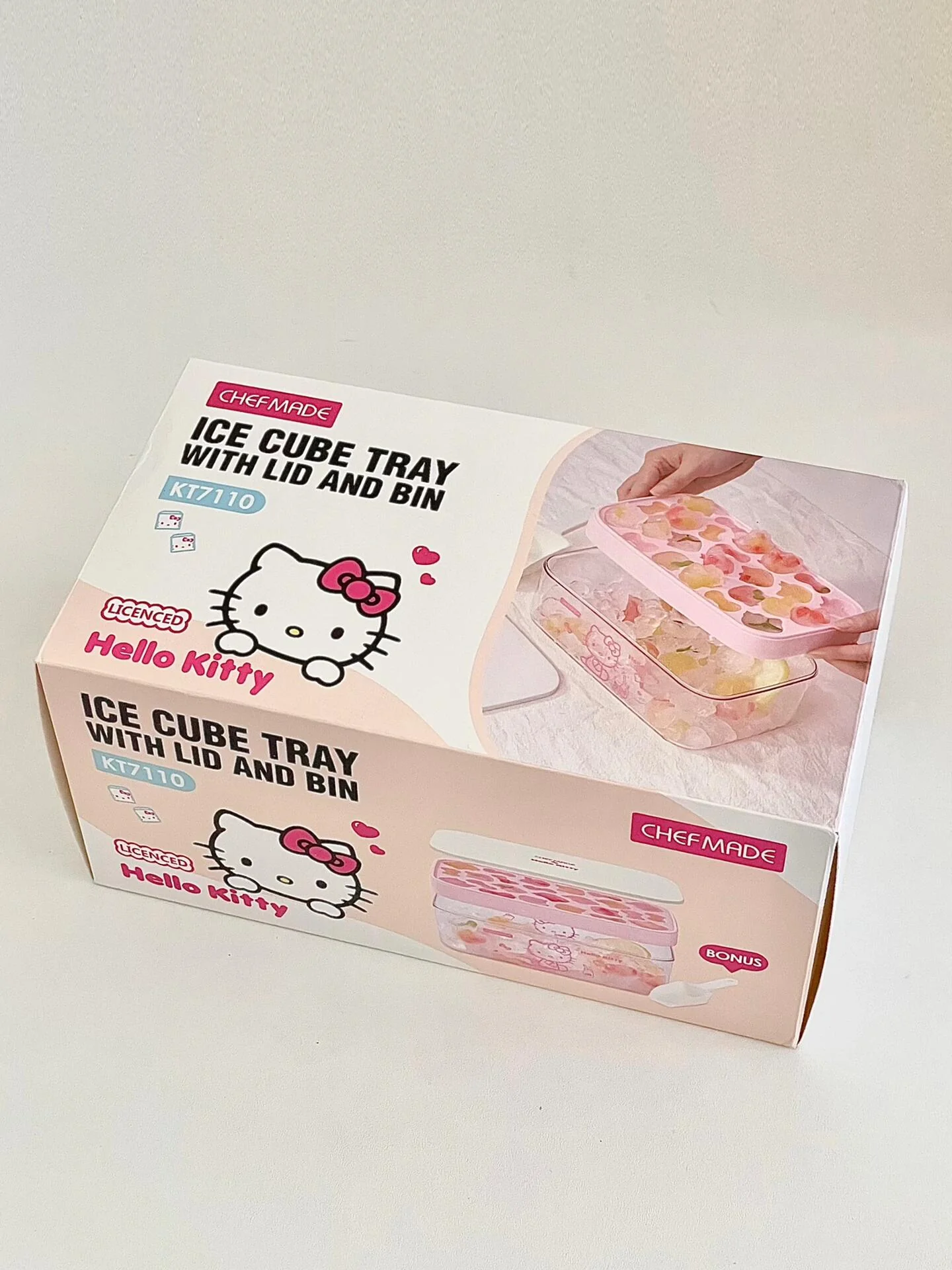 Hellokitty Shape Ice Cube Tray with Lid and Bin | Reusable Ice Maker for Freezer,Water,Whiskey,Cocktail (with Scoop)