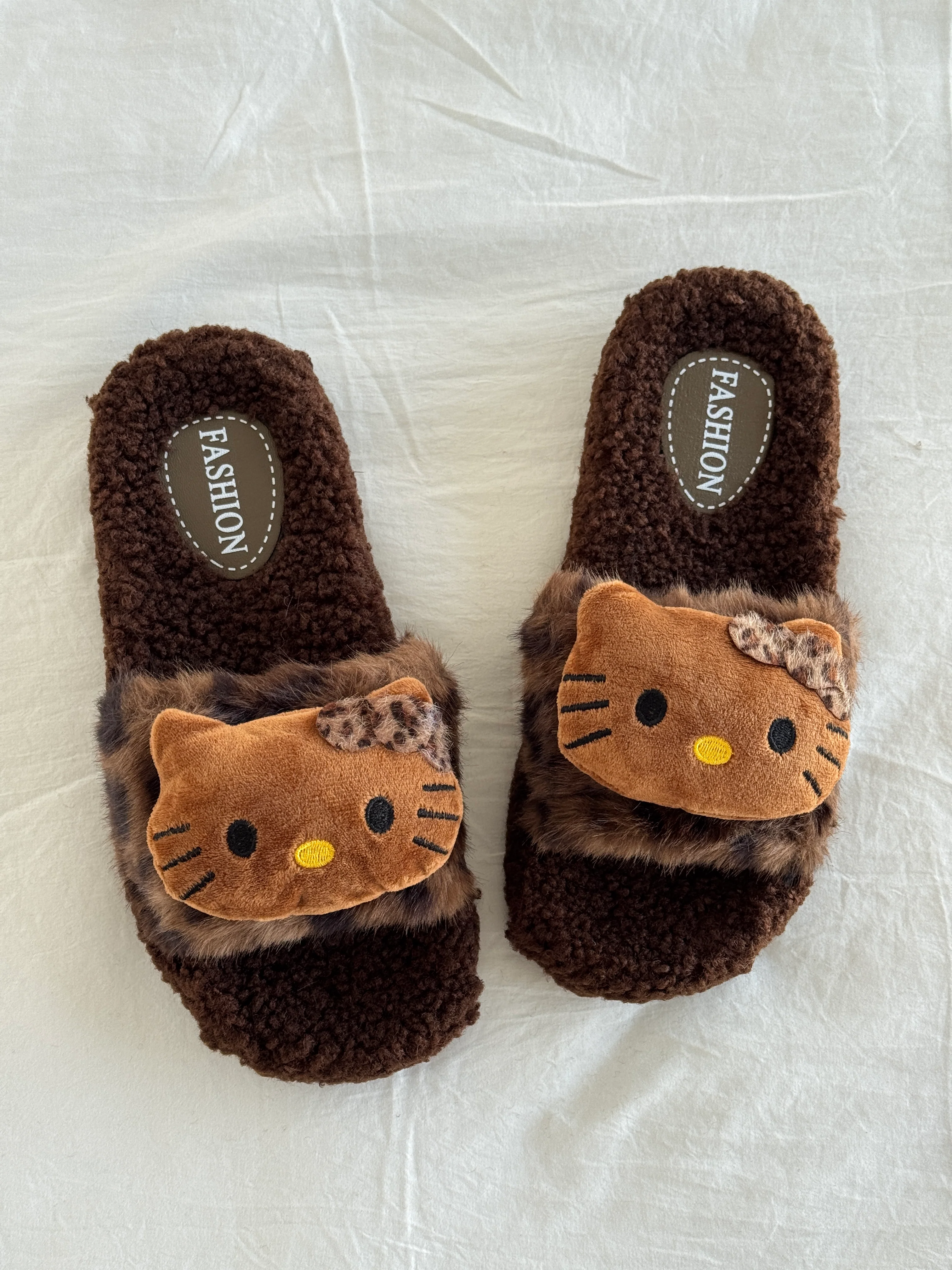 Hellokitty Leopard Print Cute Plush High-Heeled Fluffy Slippers Slides