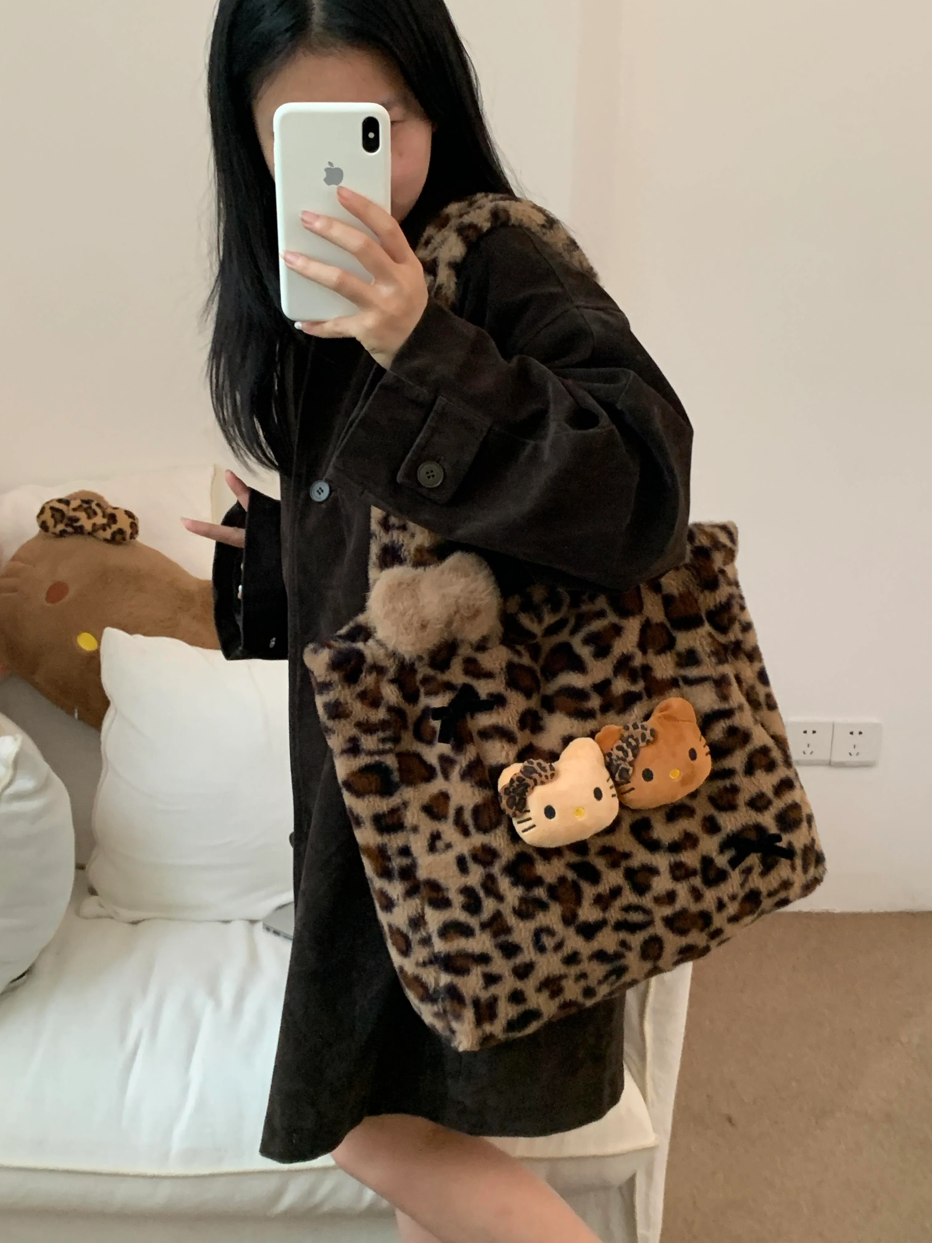 Hellokitty Leopard Print Cute Small Bags Plush Bag for Women Kawaii Carry on Bag Handbags