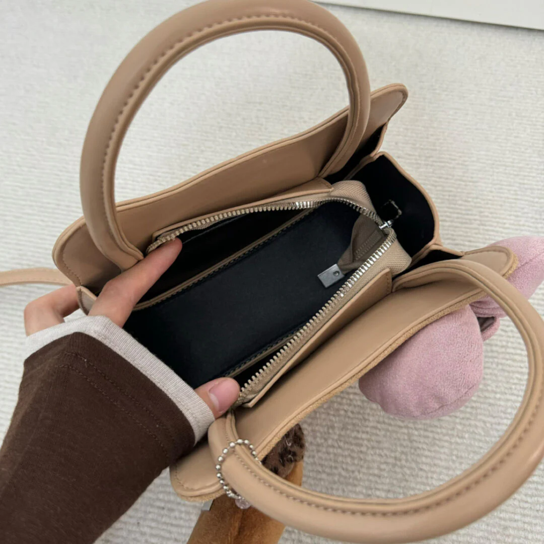 Hellokitty Shaped Brown Suede Tote Bag Handbag With Hellokitty Charm