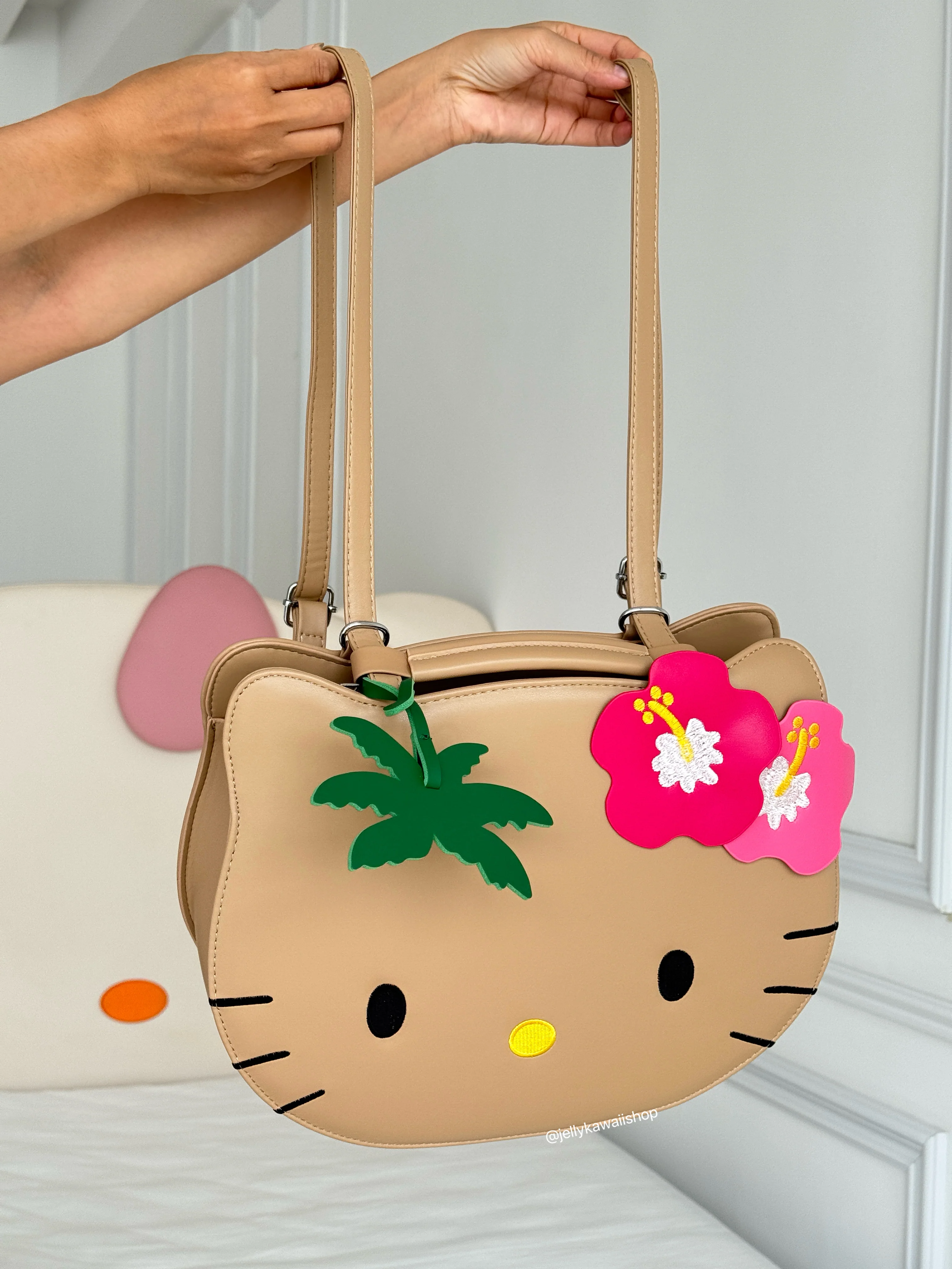 Tan Hawaii Hellokitty PU leather High Capacity Retro Classic Cartoon Tote Bag  Adjustable Strap Backpack