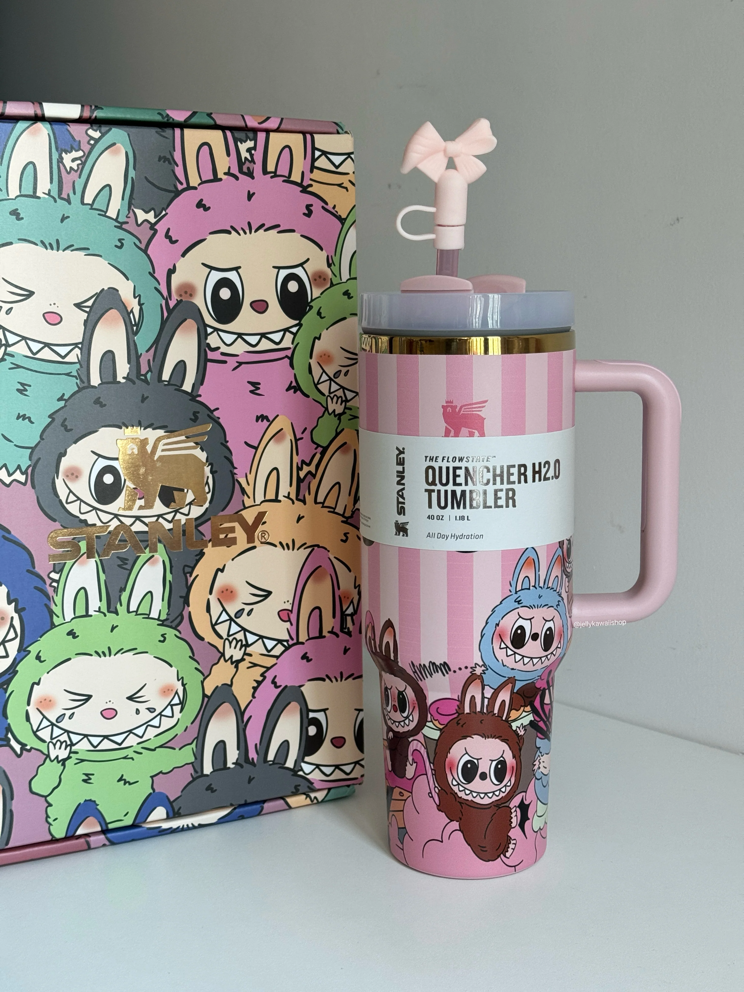 LABUBU Pink Stripe In-Car Insulated Cup 1200 ml Tumbler with Handle Stainless Steel Insulated Cup with Lid (Gift box）