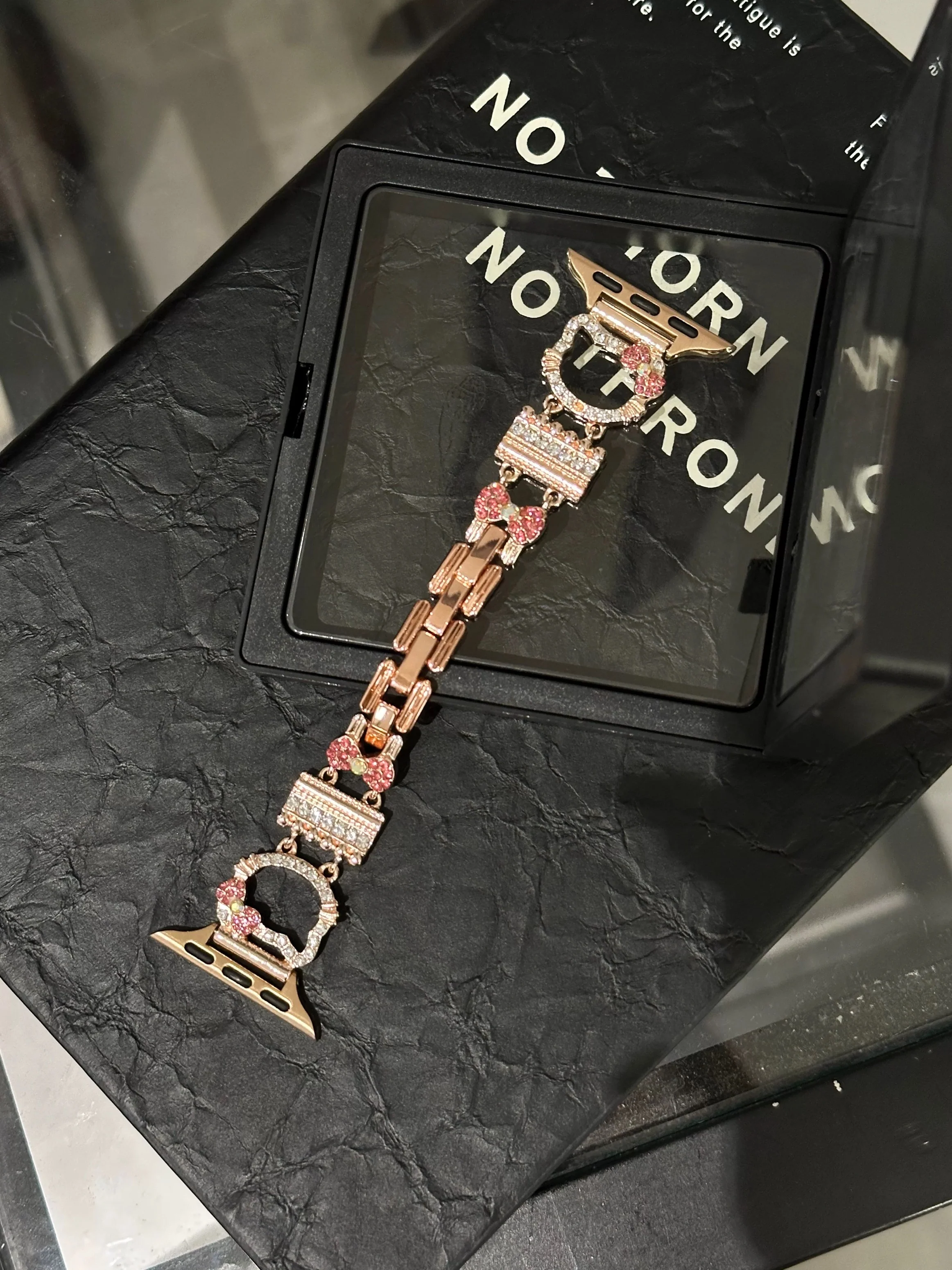 Hellokitty Apple Watch Band Bling Diamond Jewelry Metal Strap Bands with Screen Protector Case, Round Shiny Bracelet Wristband for iWatch Series