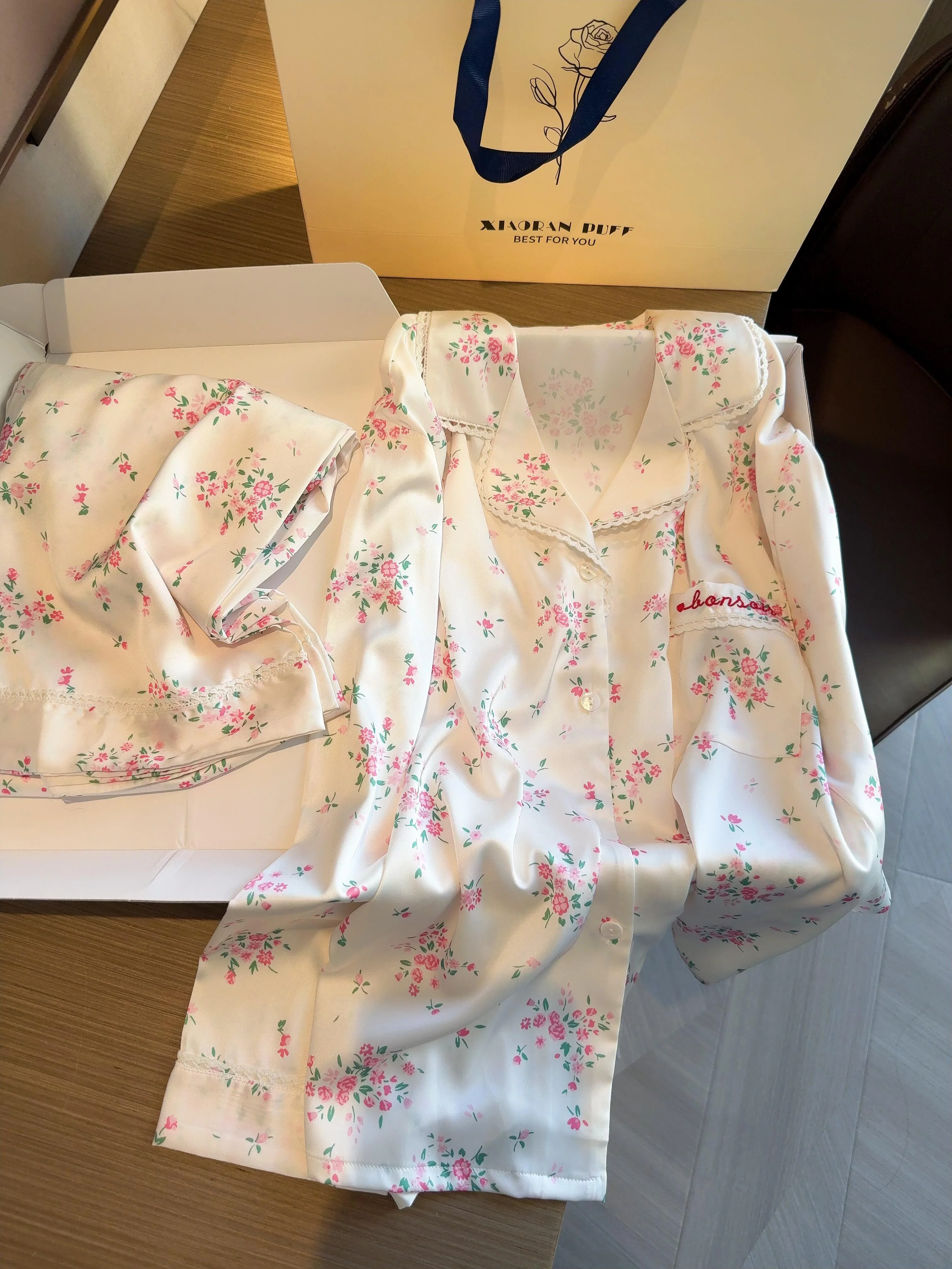 Girly Floral Print Slik Stain Pajamas Set Long Sleeve Sleepwear Button Down Nightwear Soft Pj Lounge Sets