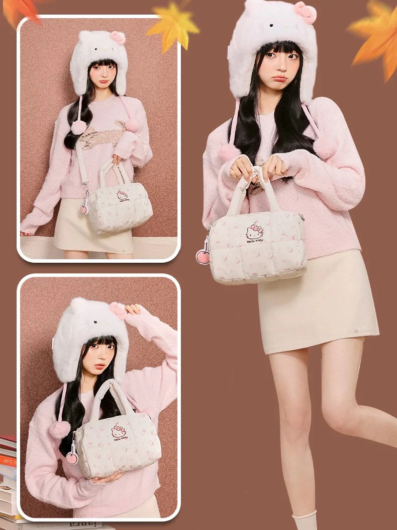 Hellokitty White Cherry Puffer Shoulder Tote Bags Top Handle Satchel Soft Puffy Bags Light Winter Down Cotton Padded Quilted Handbags