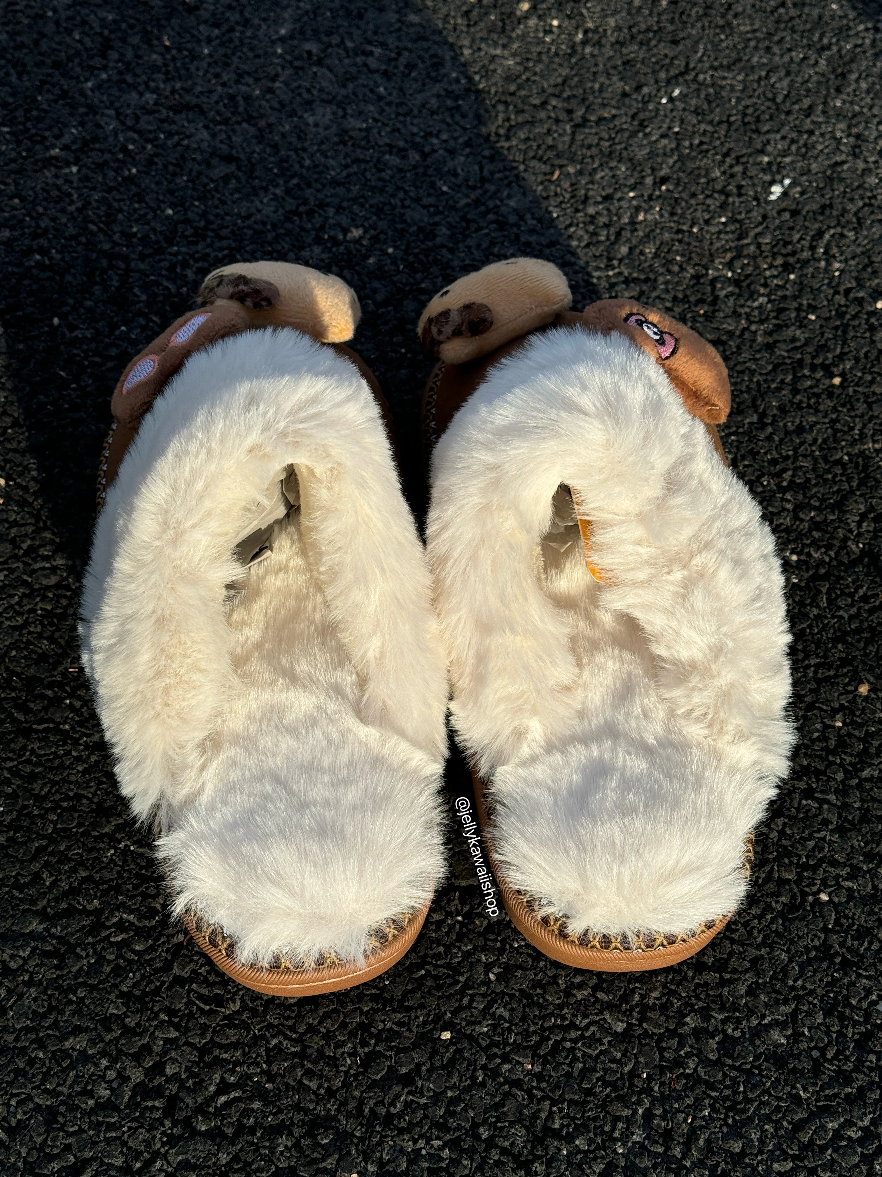 Hellokitty Fuzzy Brown Slippers Fluffy Winter House Shoes Indoor and Outdoor