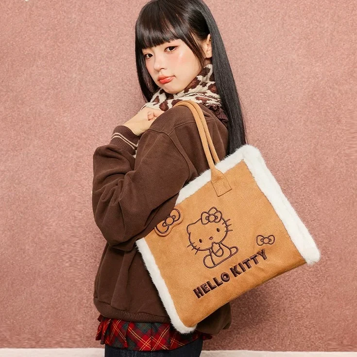 Hellokitty Brown Fluffy Tote Bag Large Fur Purses Winter Fuzzy Totes Furry Shoulder Handbag Plush Bags