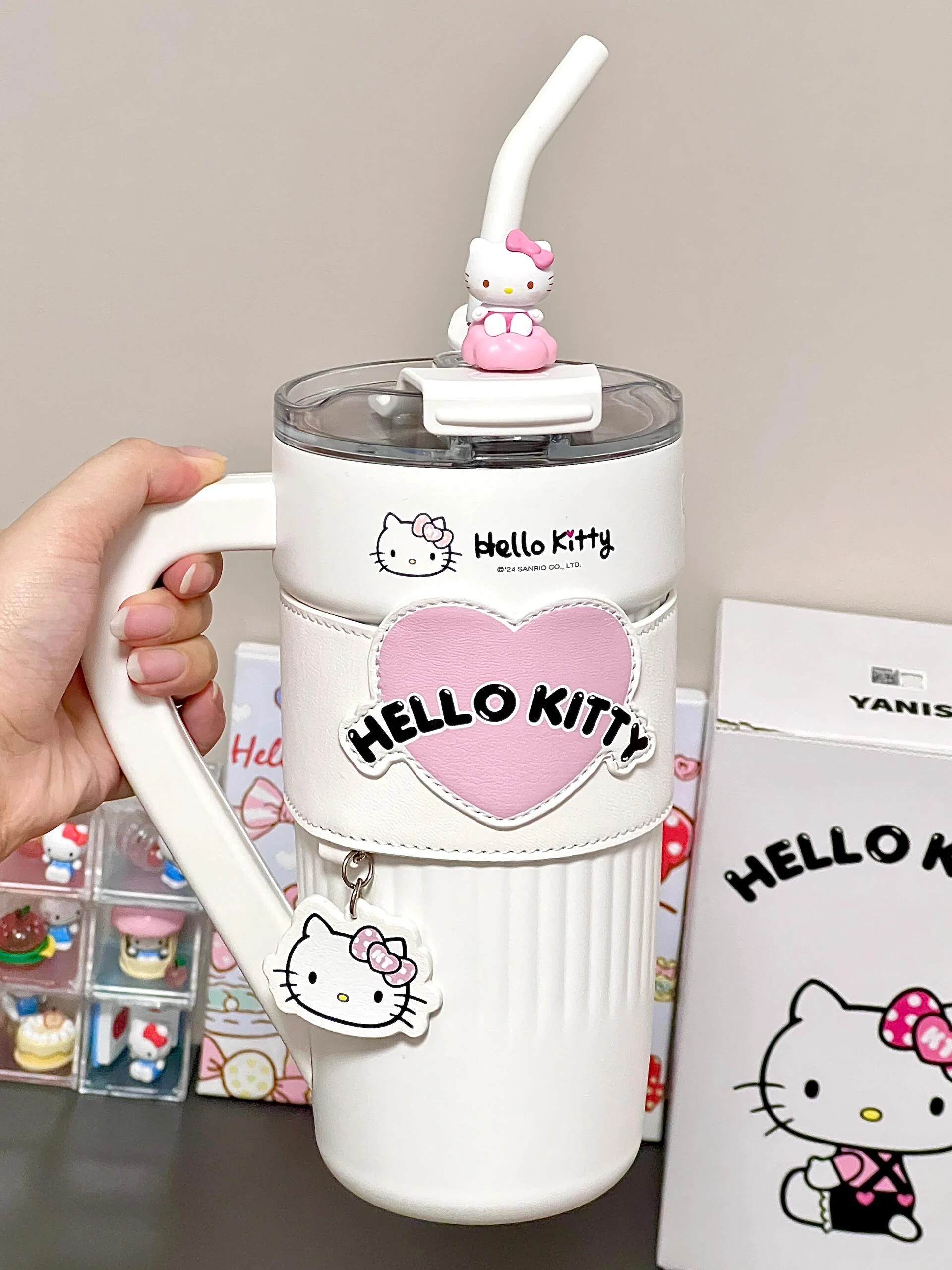 Sanrio 40 oz Tumbler with Handle & Carrier Bag, Stainless Steel Insulated Cup with Lid & Straw Gym Water Bottle Cupholder Friendly Women Travel Mug with Sleeve Holder
