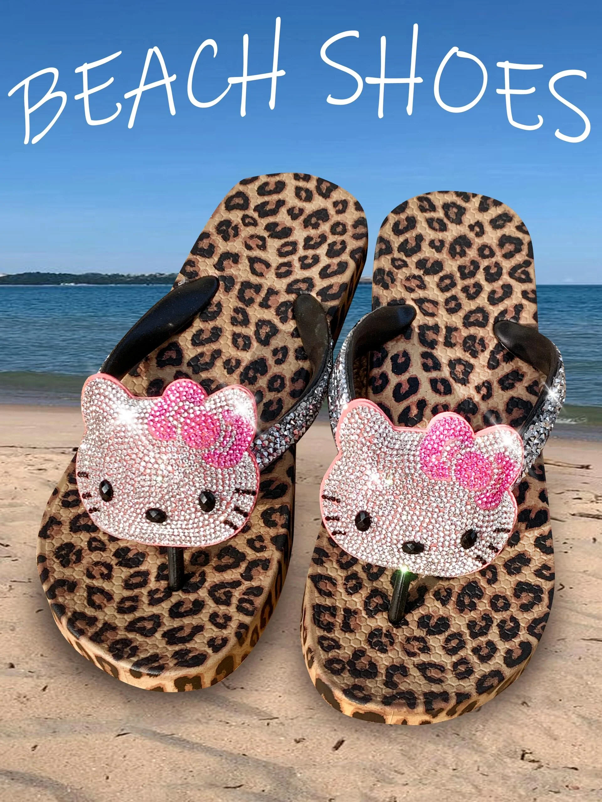 Hellokitty Handmade Rhinestone Leopard Print Women's Sandals Cute Slippers Non-Slip Flip Flops Low-Heeled Slippers