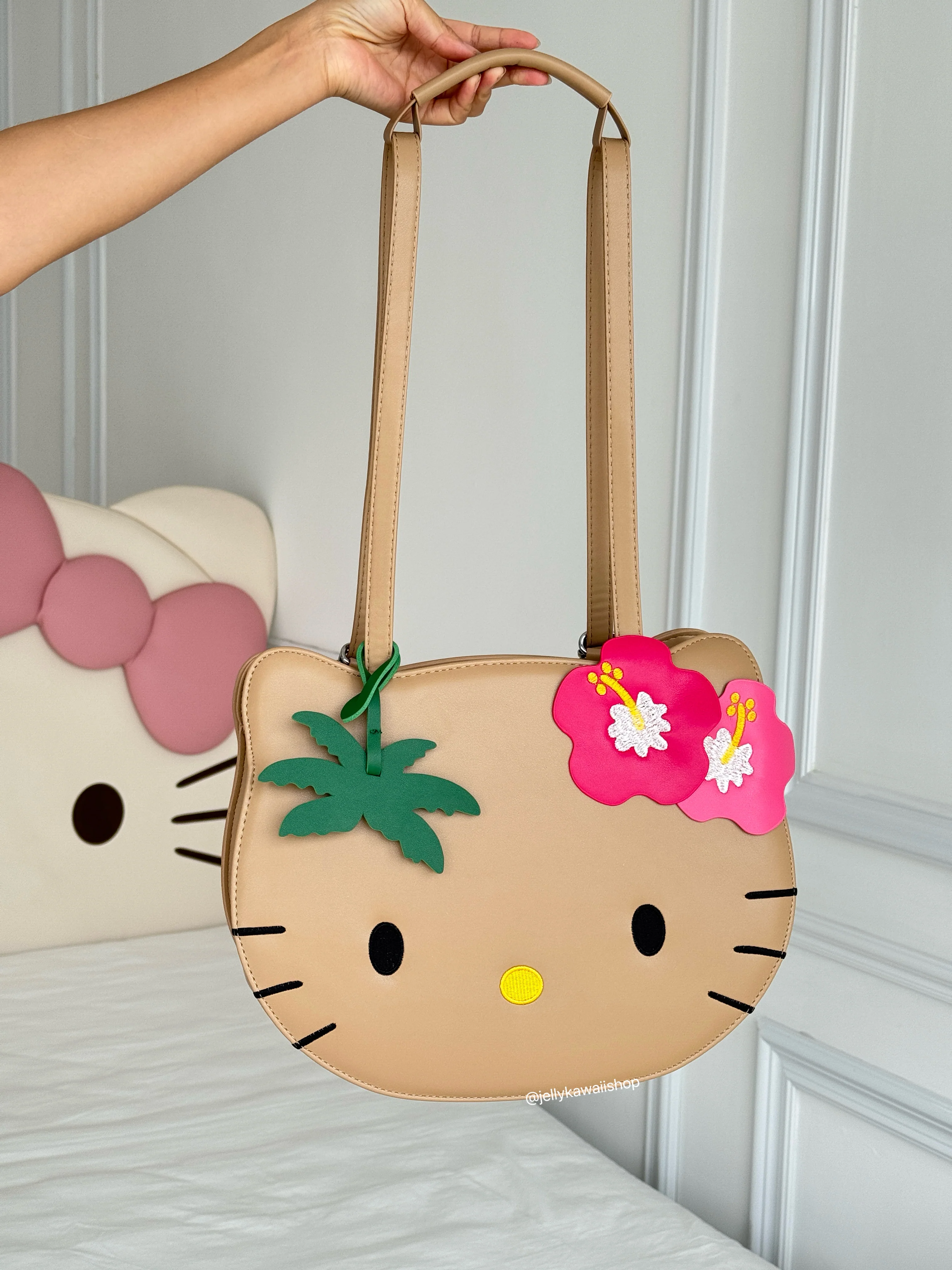 Tan Hawaii Hellokitty PU leather High Capacity Retro Classic Cartoon Tote Bag  Adjustable Strap Backpack