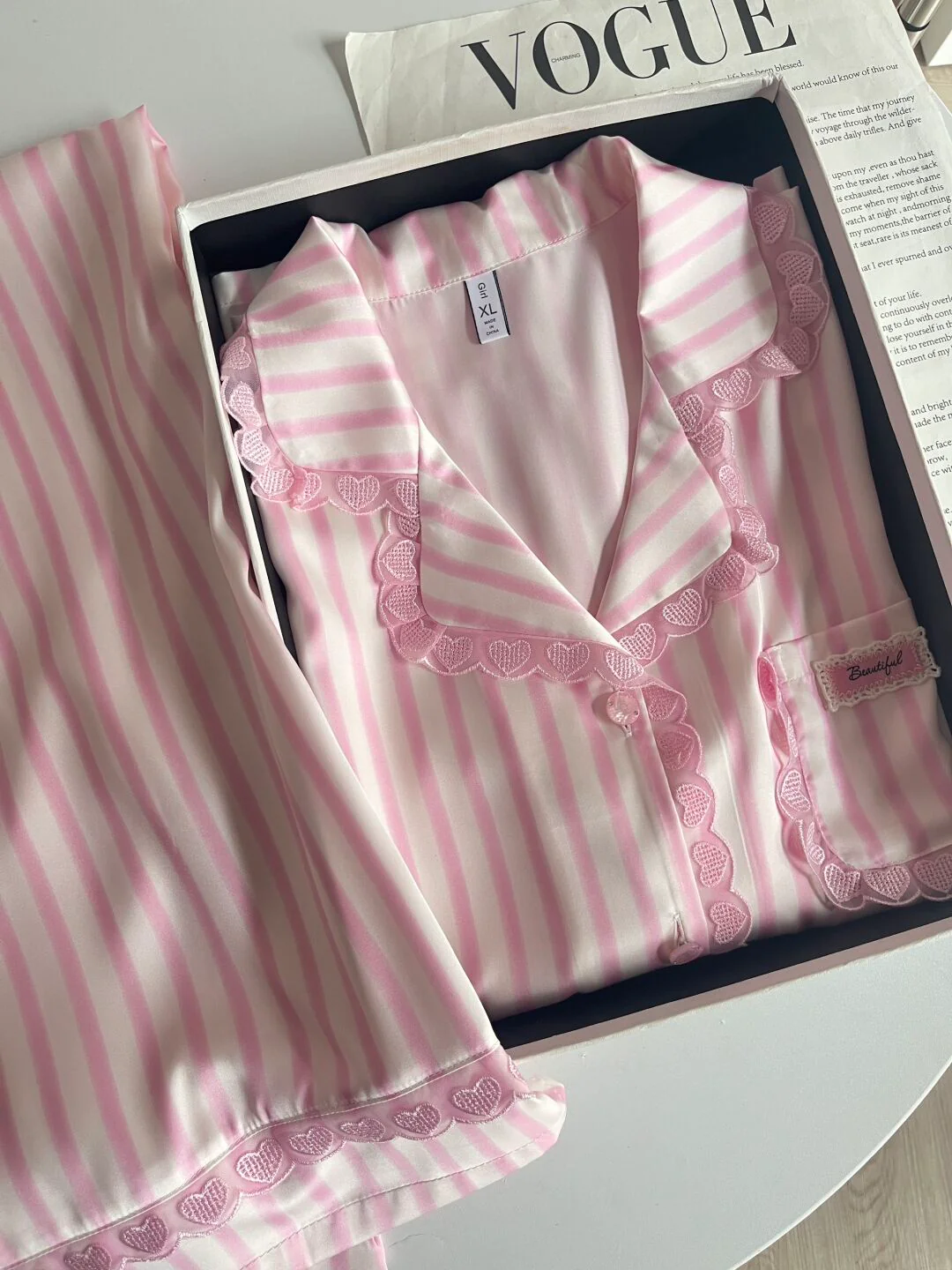 Girly Striped Heart Lace Slik Stain Pajamas Set Long Sleeve Sleepwear Button Down Nightwear Soft Pj Lounge Sets