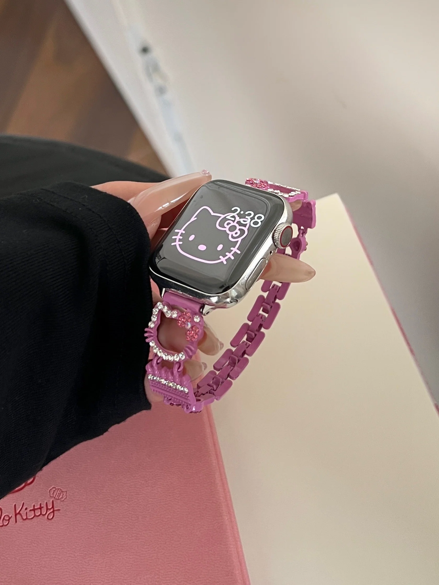 Hellokitty Apple Watch Band Bling Diamond Jewelry Metal Strap Bands with Screen Protector Case, Round Shiny Bracelet Wristband for iWatch Series
