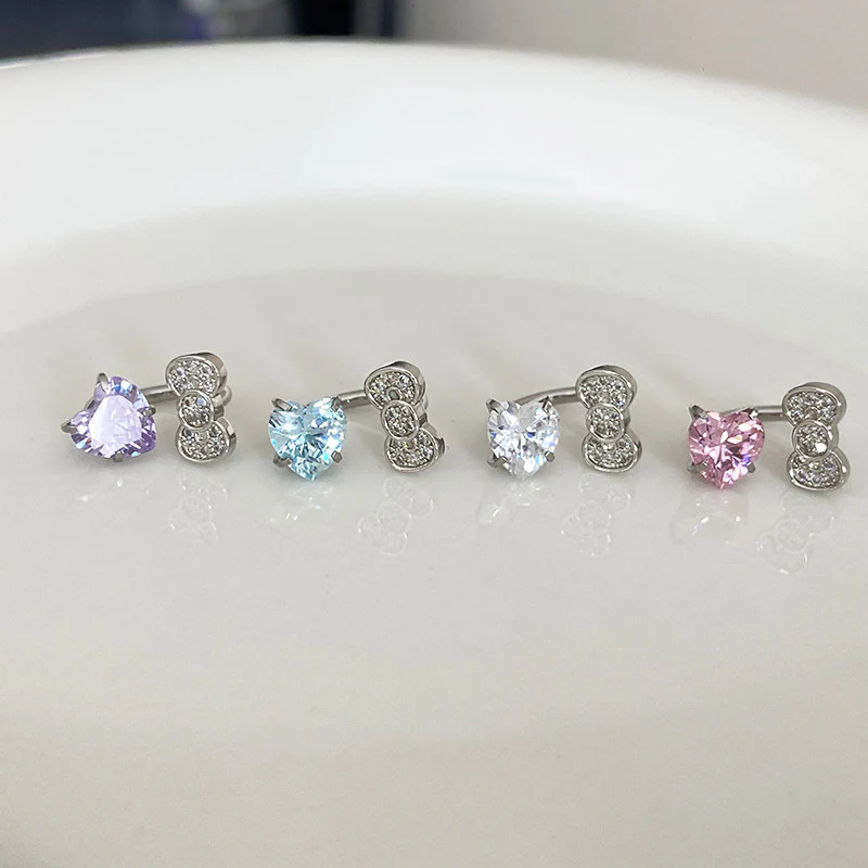 Rhinestone Bow Heart Hello Kitty Helix Earrings