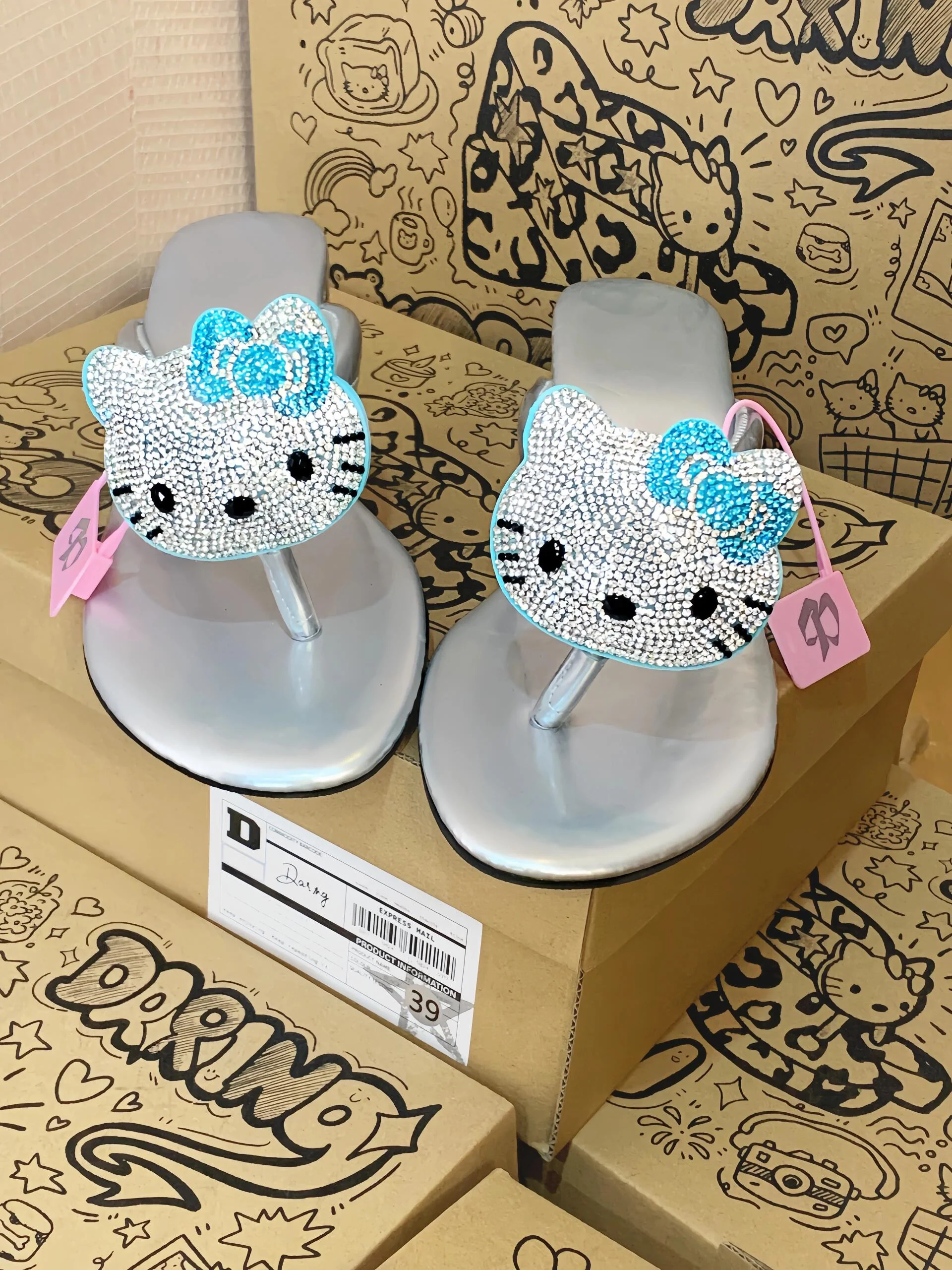 Hellokitty Handmade Rhinestone Leopard Print Women's Sandals Cute Slippers Non-Slip Flip Flops Low-Heeled Slippers