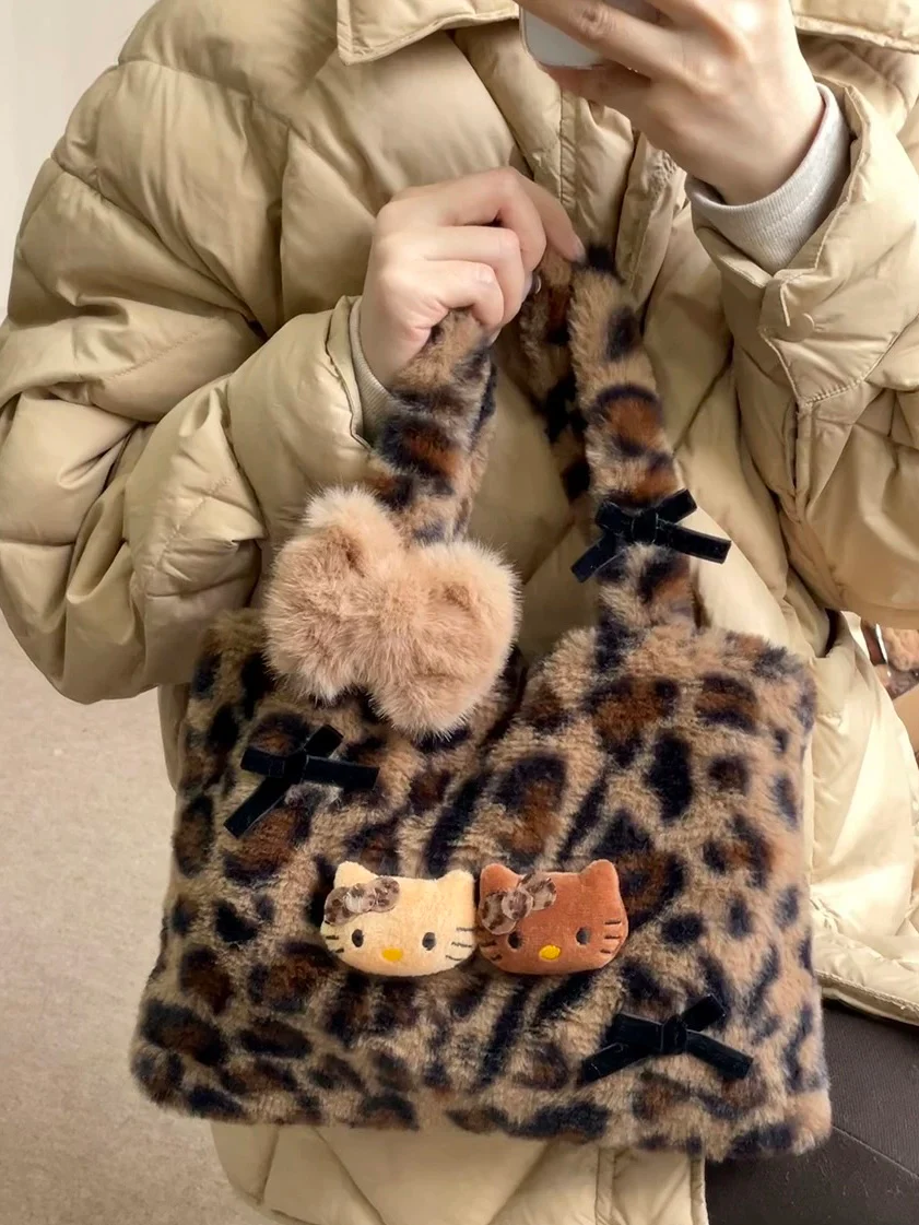 Hellokitty Leopard Print Cute Small Bags Plush Bag for Women Kawaii Carry on Bag Handbags