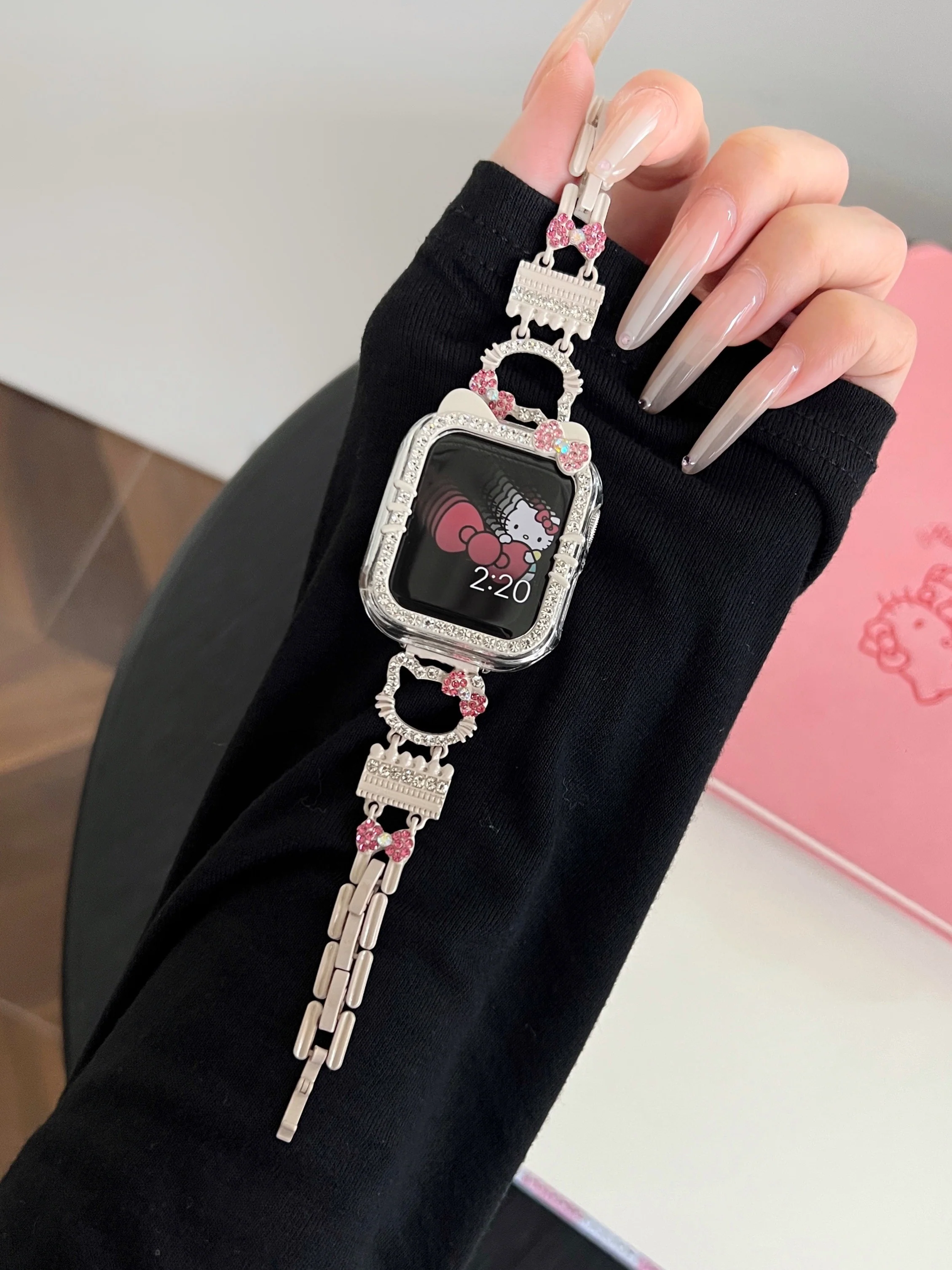 Hellokitty Apple Watch Band Bling Diamond Jewelry Metal Strap Bands with Screen Protector Case, Round Shiny Bracelet Wristband for iWatch Series