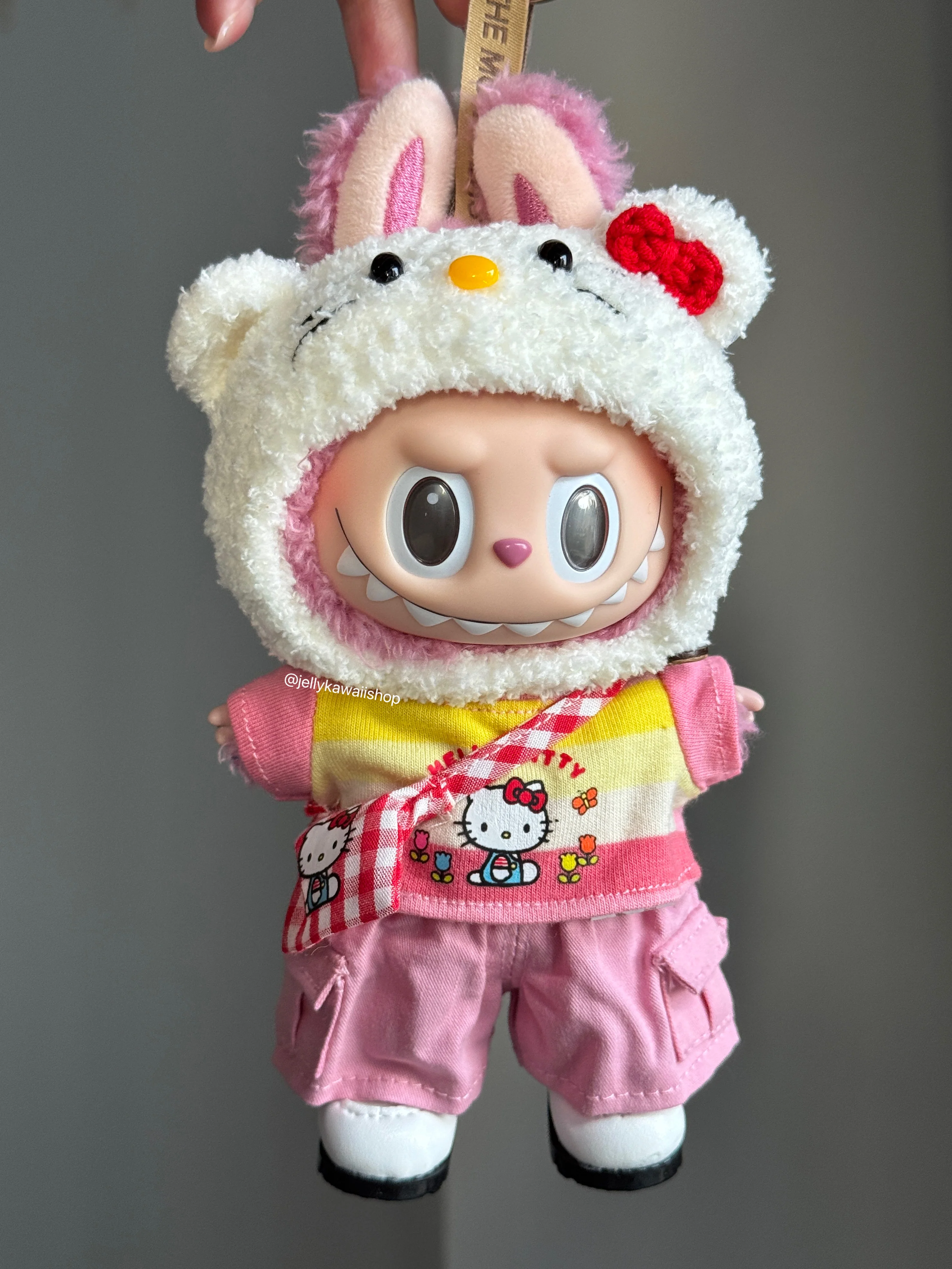 Handmade Knitting Hellokitty Pink Outfit Clothes Set for 17cm Labubu