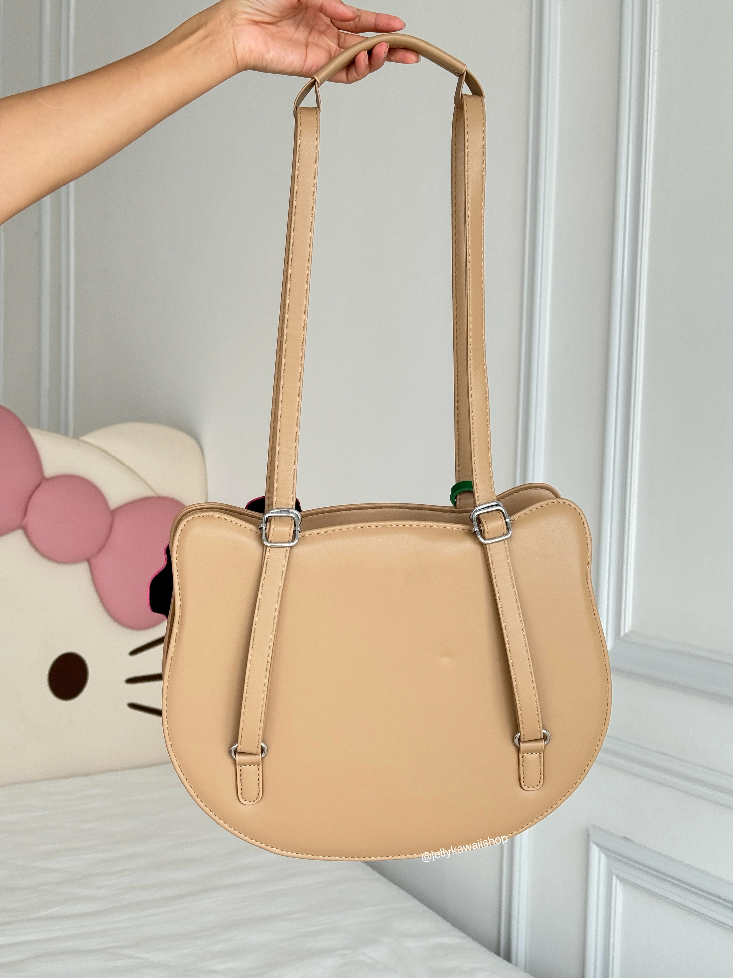 Tan Hawaii Hellokitty PU leather High Capacity Retro Classic Cartoon Tote Bag  Adjustable Strap Backpack