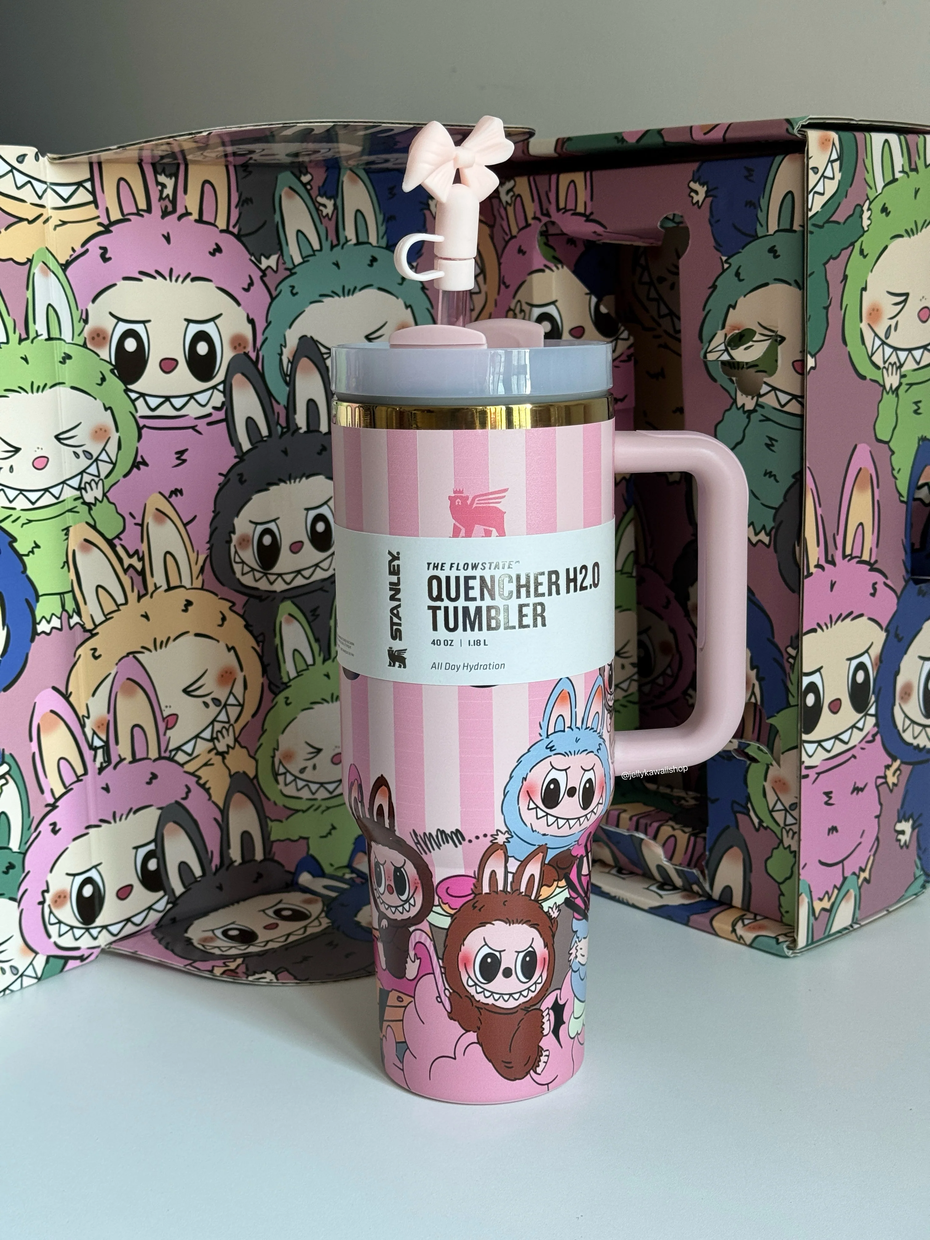 LABUBU Pink Stripe In-Car Insulated Cup 1200 ml Tumbler with Handle Stainless Steel Insulated Cup with Lid (Gift box）