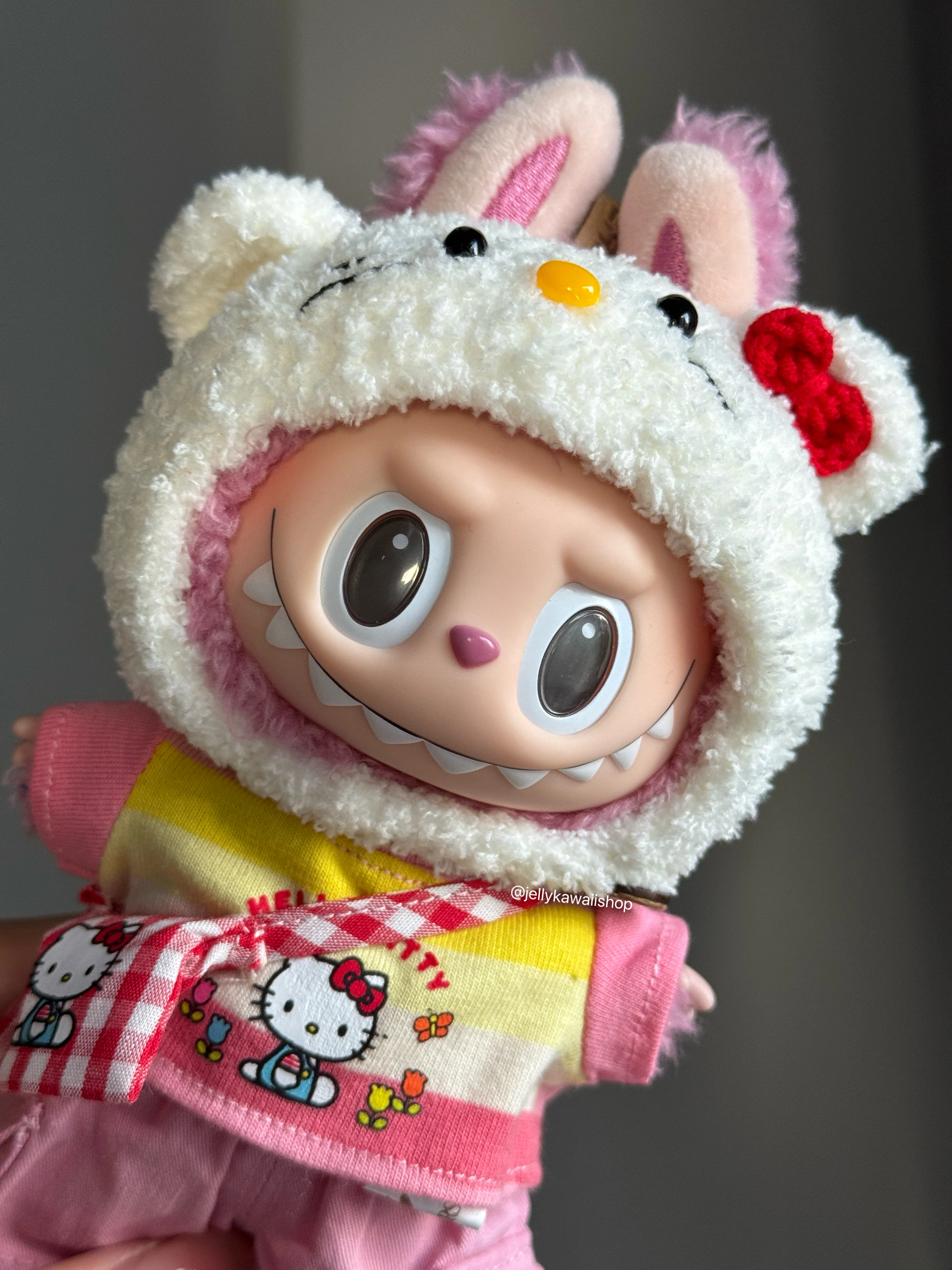 Handmade Knitting Hellokitty Pink Outfit Clothes Set for 17cm Labubu