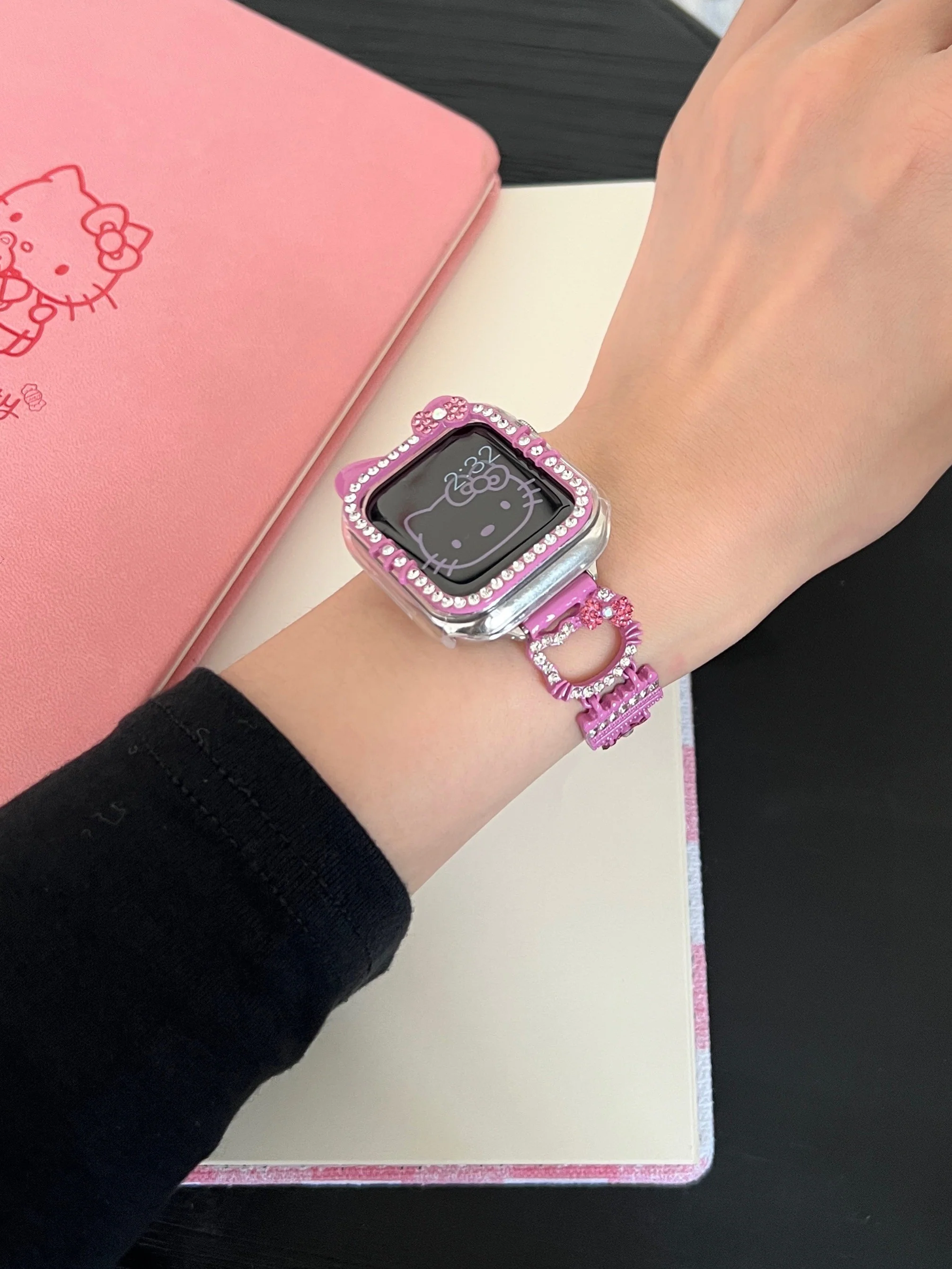 Hellokitty Apple Watch Band Bling Diamond Jewelry Metal Strap Bands with Screen Protector Case, Round Shiny Bracelet Wristband for iWatch Series