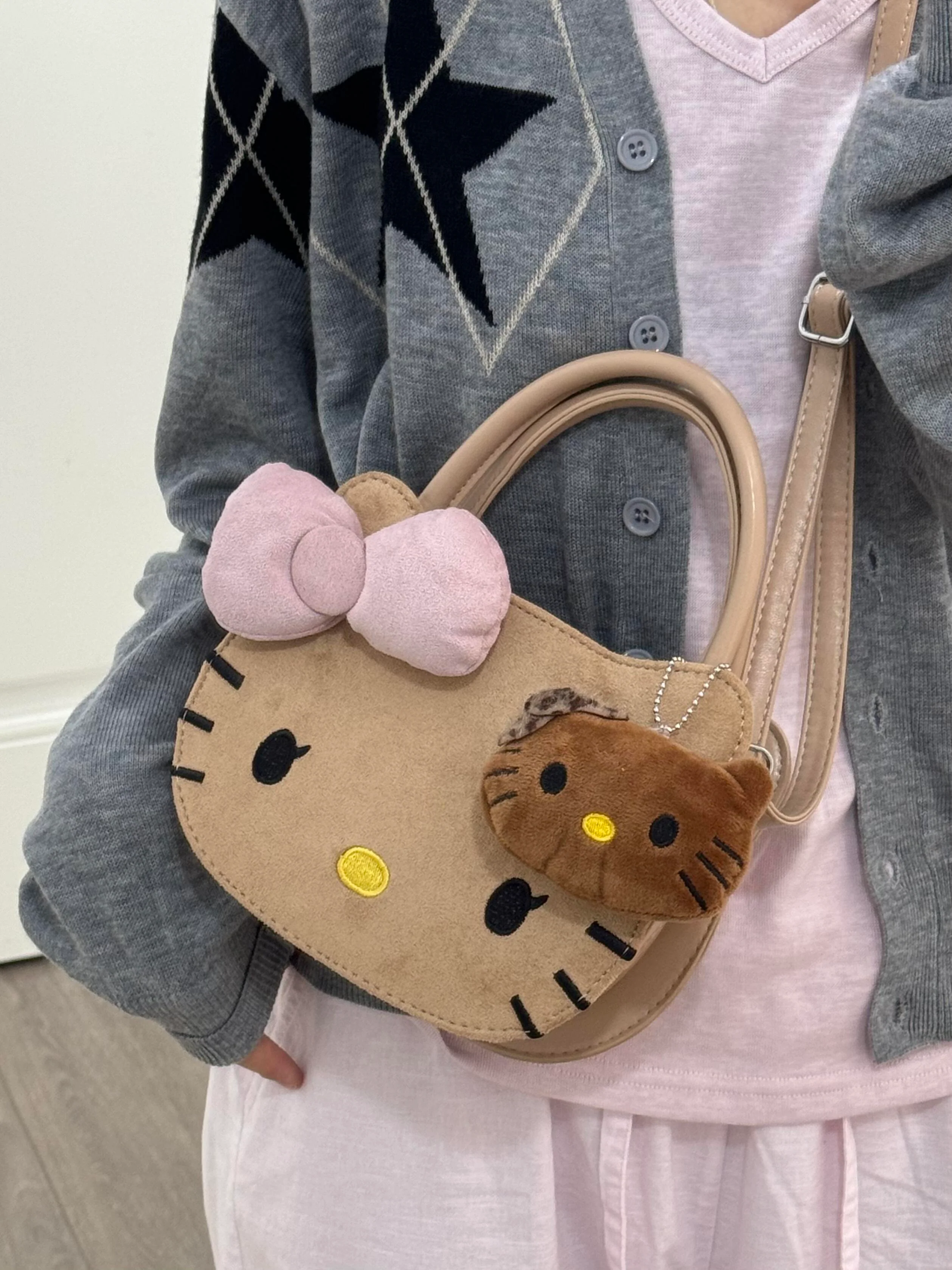 Hellokitty Shaped Brown Suede Tote Bag Handbag With Hellokitty Charm
