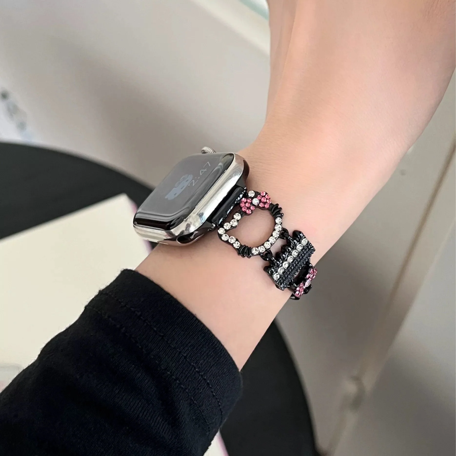 Hellokitty Apple Watch Band Bling Diamond Jewelry Metal Strap Bands with Screen Protector Case, Round Shiny Bracelet Wristband for iWatch Series