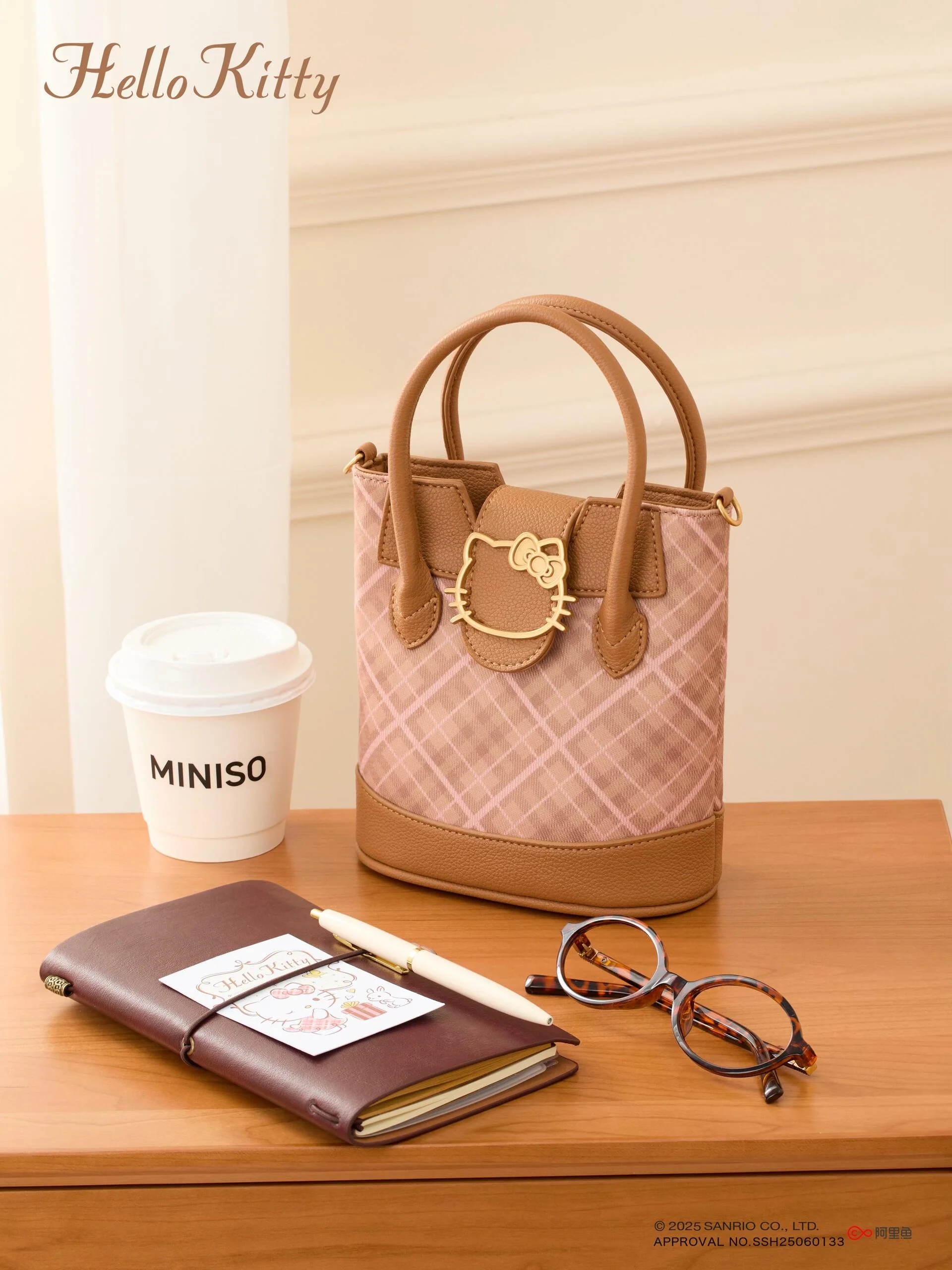 Hellokitty Embroidered Plaid Tote Bag Handbag