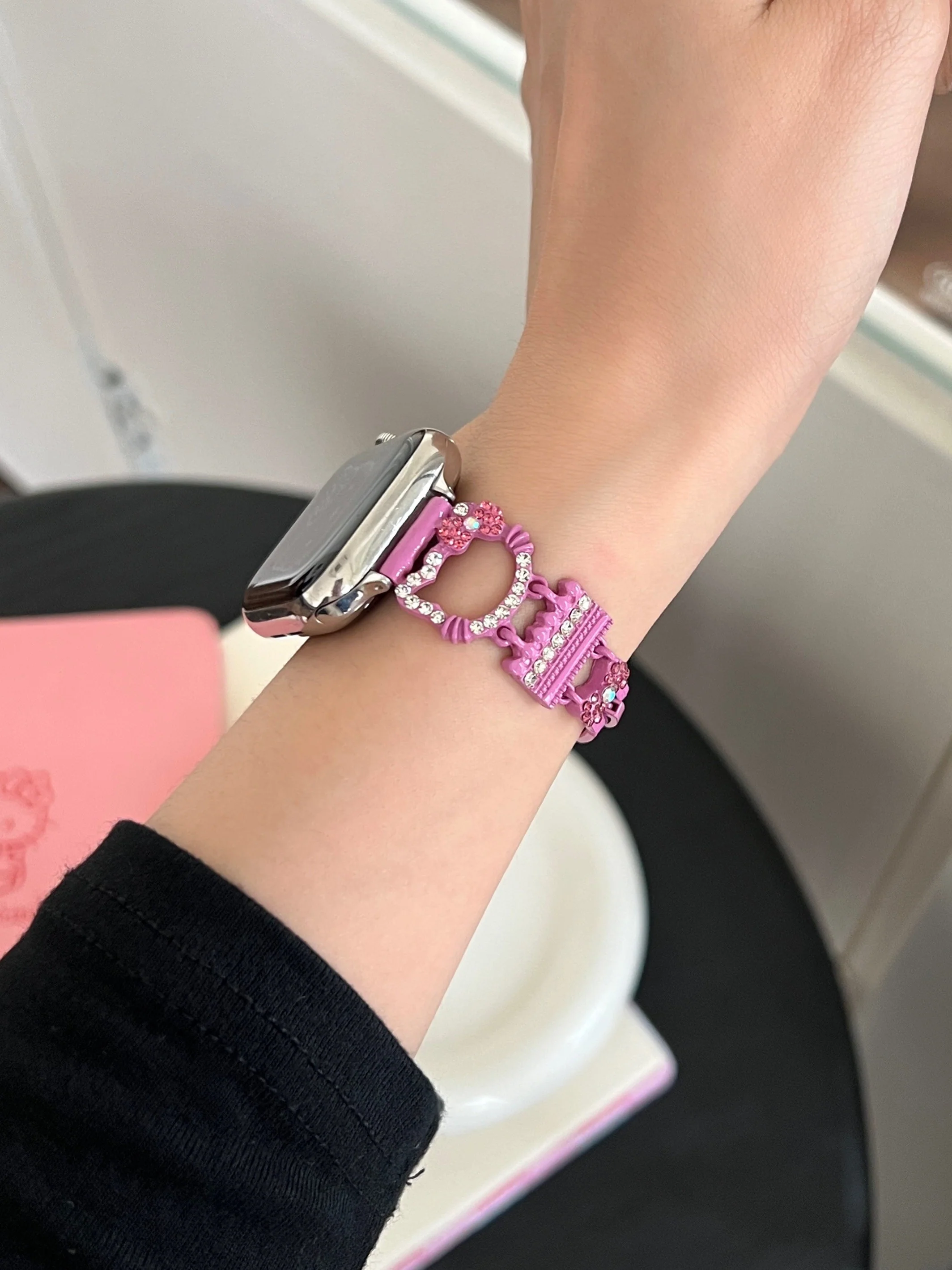 Hellokitty Apple Watch Band Bling Diamond Jewelry Metal Strap Bands with Screen Protector Case, Round Shiny Bracelet Wristband for iWatch Series