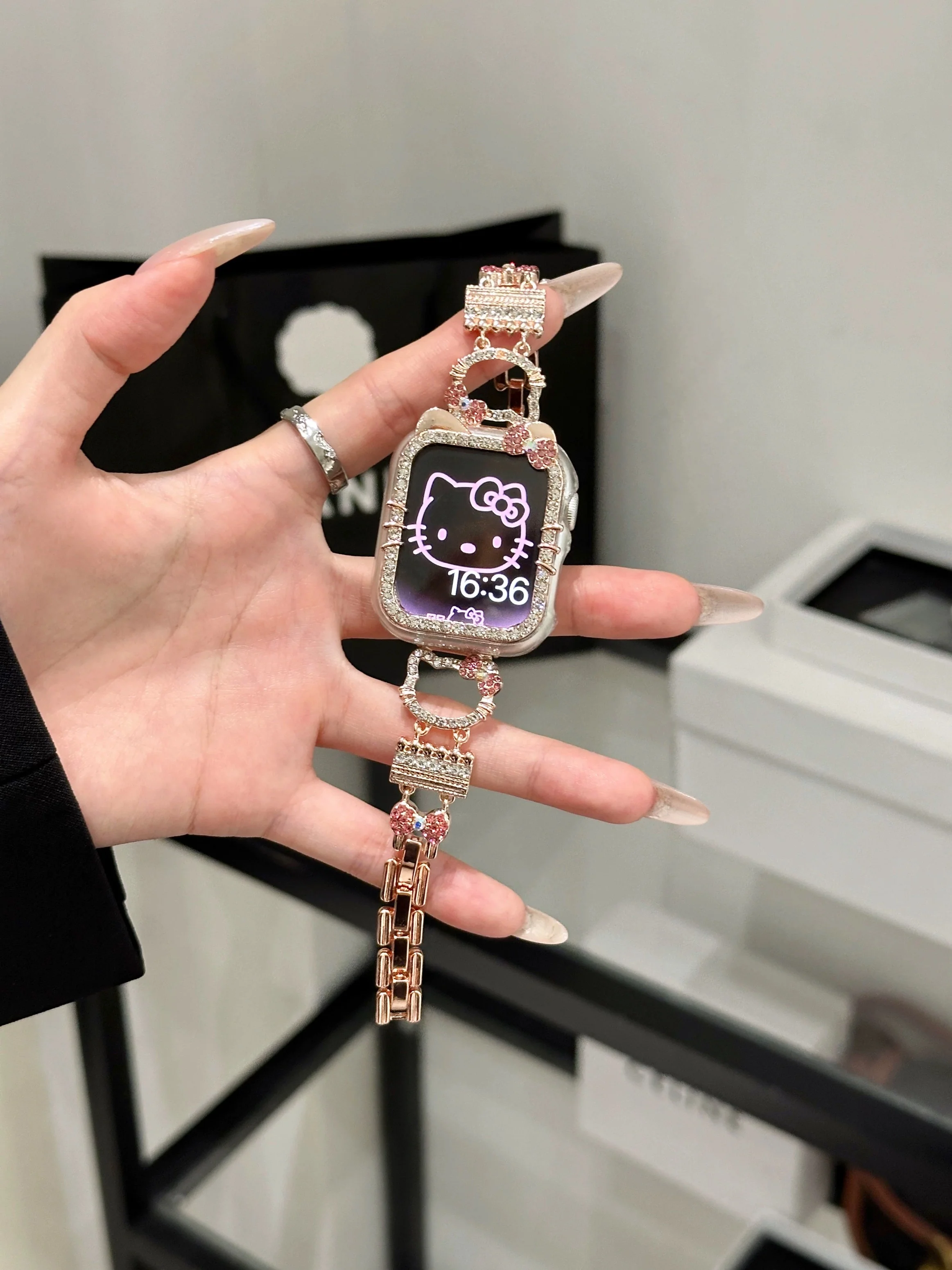 Hellokitty Apple Watch Band Bling Diamond Jewelry Metal Strap Bands with Screen Protector Case, Round Shiny Bracelet Wristband for iWatch Series