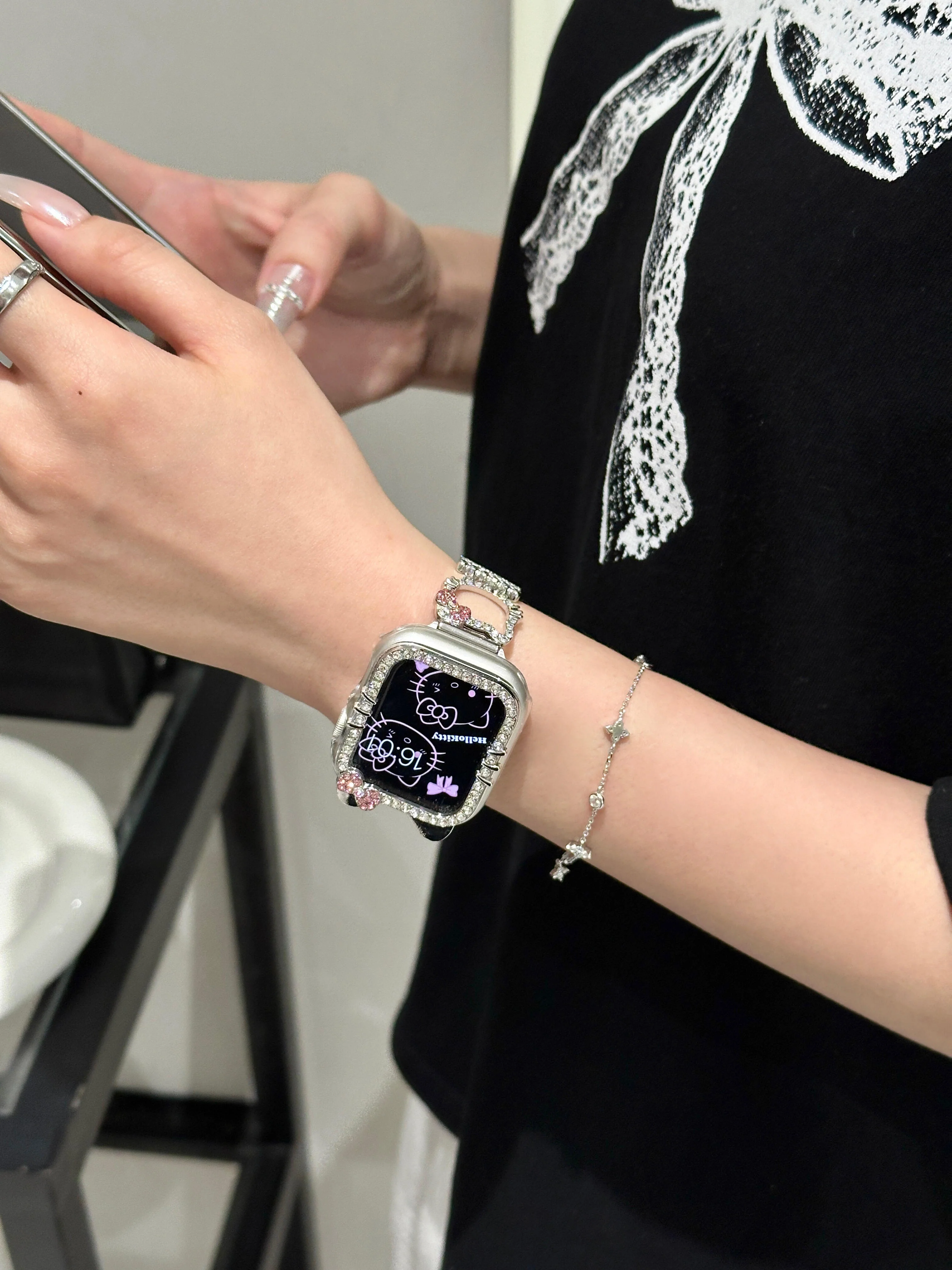 Hellokitty Apple Watch Band Bling Diamond Jewelry Metal Strap Bands with Screen Protector Case, Round Shiny Bracelet Wristband for iWatch Series
