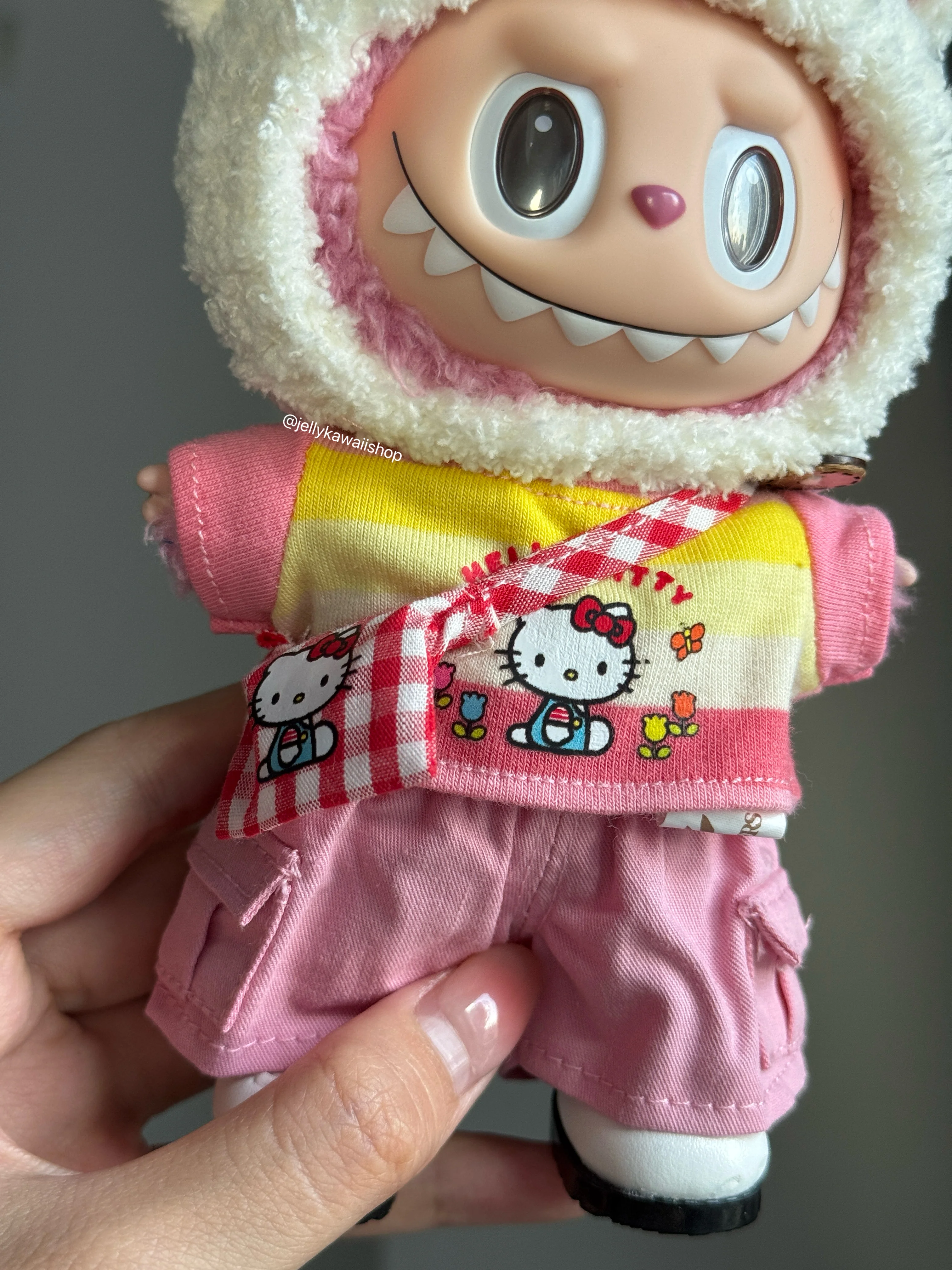Handmade Knitting Hellokitty Pink Outfit Clothes Set for 17cm Labubu
