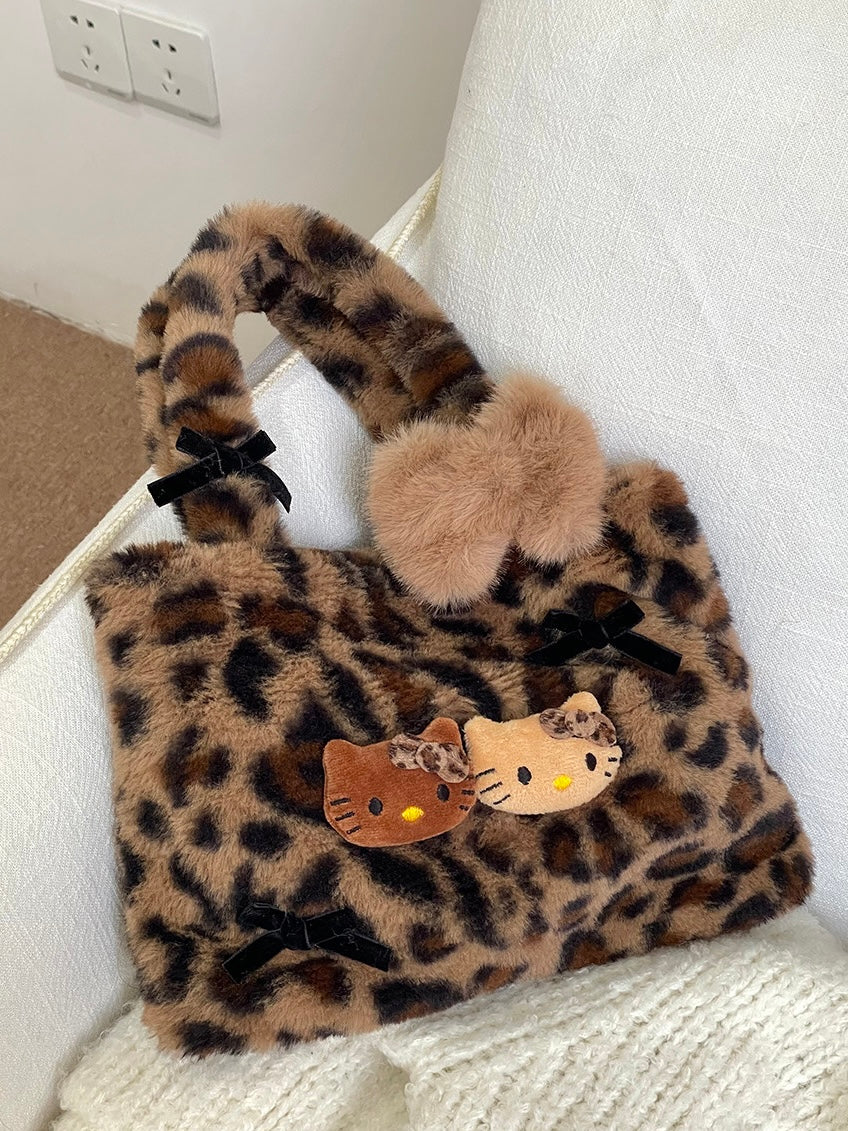 Hellokitty Leopard Print Cute Small Bags Plush Bag for Women Kawaii Carry on Bag Handbags