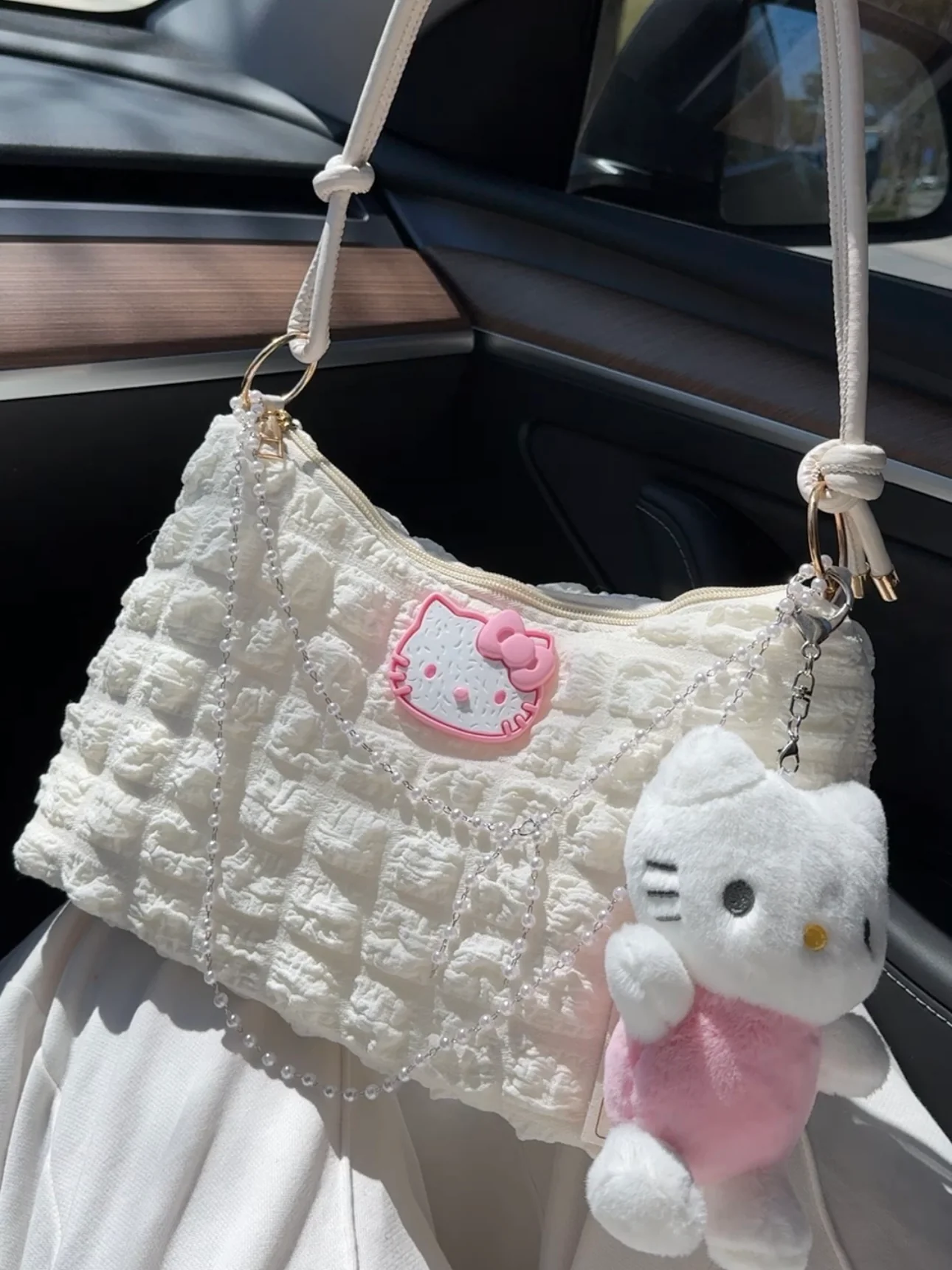 Hellokitty Pearl Chains Handbag Shoulder Bag Purse With Plushie