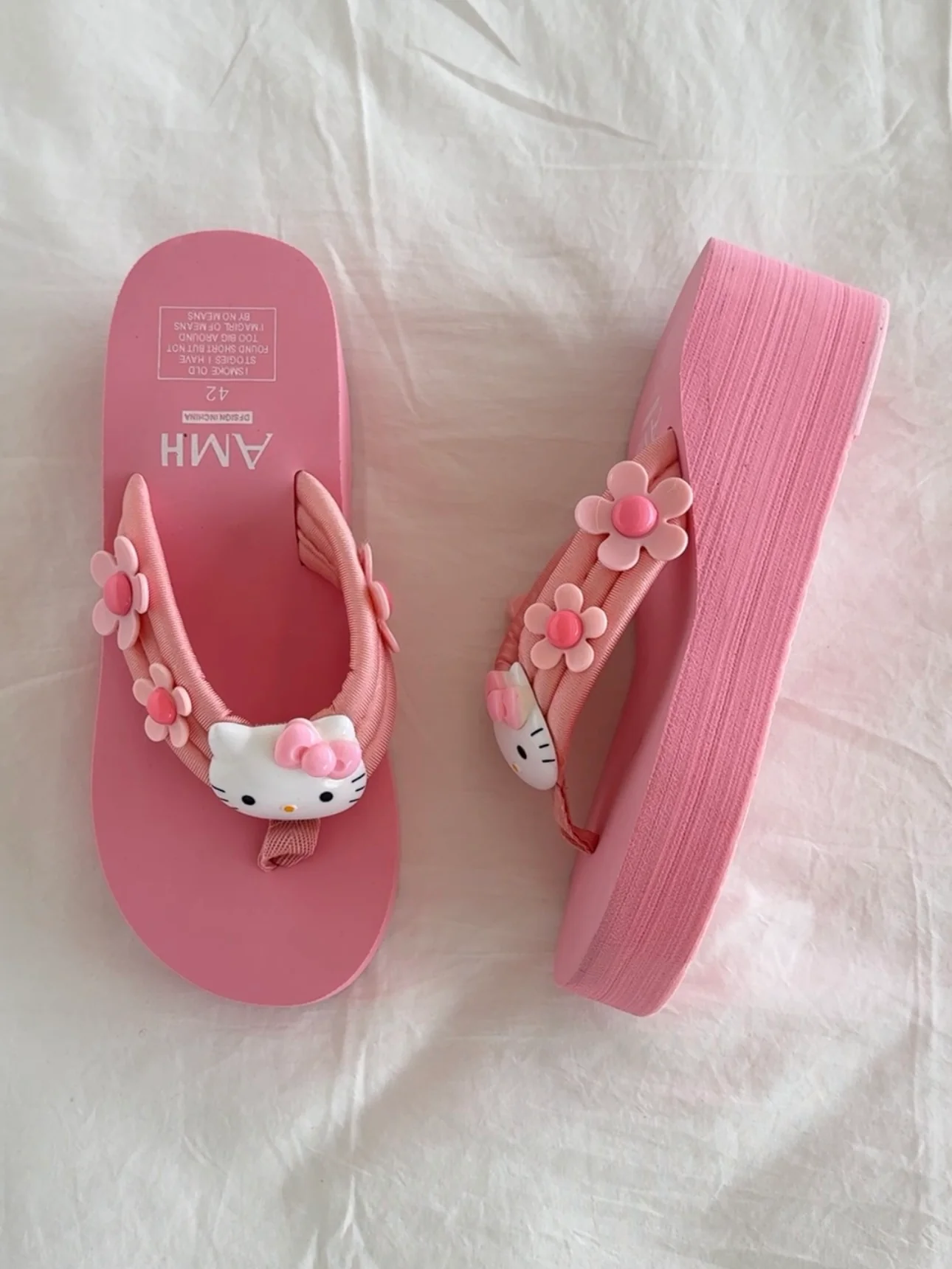 Hellokitty Pink Floral Sandals Cute Slippers Non-Slip Flip Flops Chunky Slippers