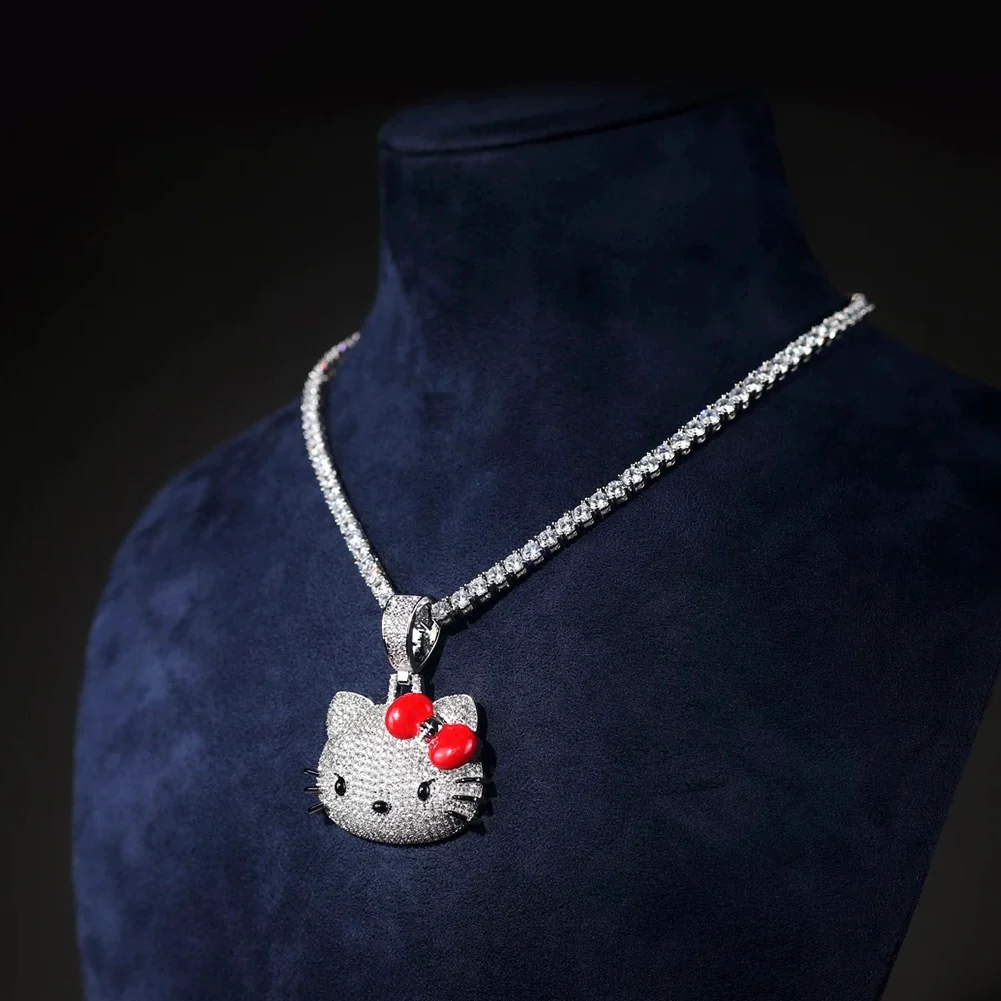 Hellokitty Sparkly Necklace Shiny Rhinestone Tennis Chain Necklace Punk Rock Style Jewelry（Velvet Gift Box Packing）