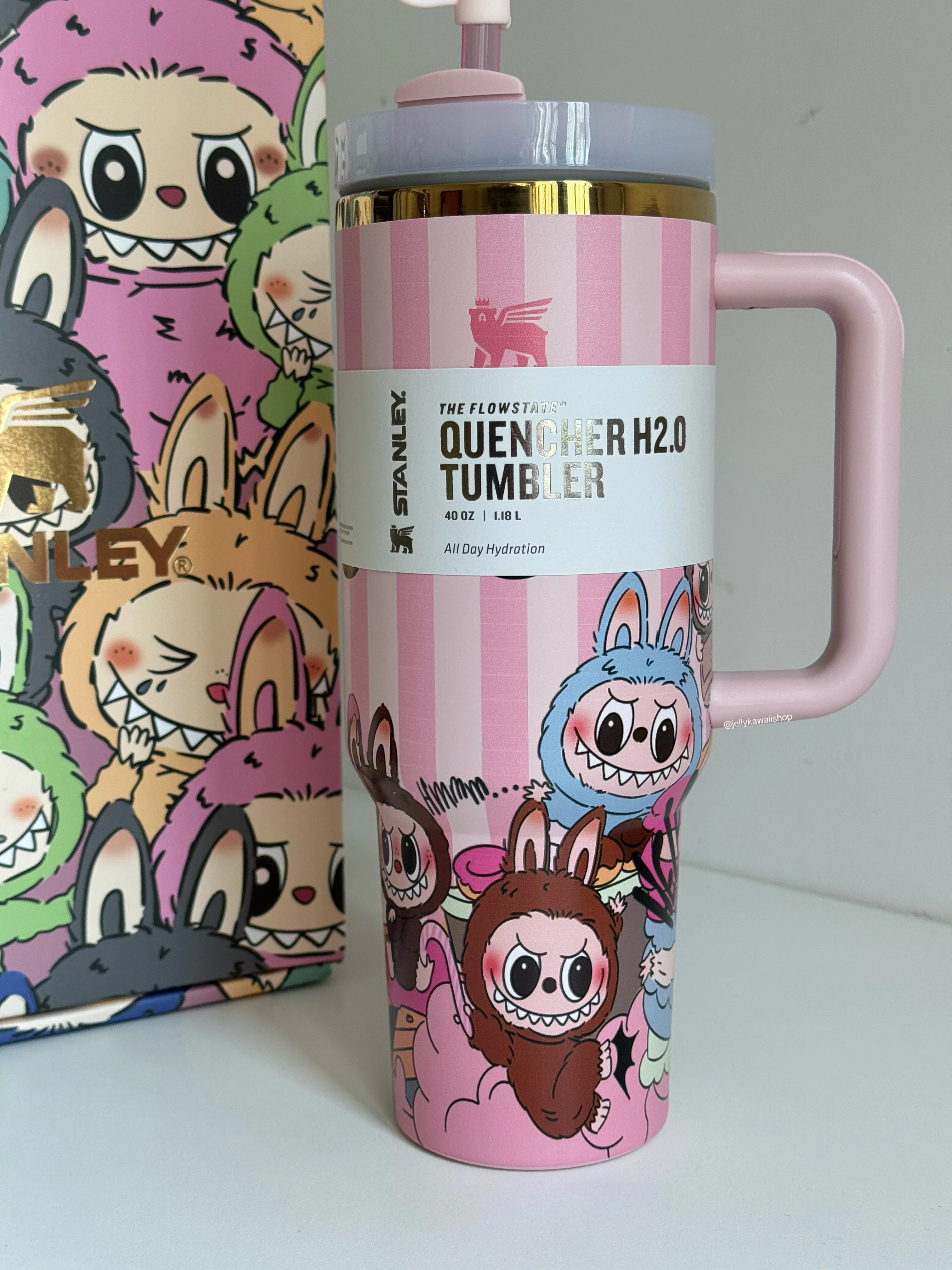 LABUBU Pink Stripe In-Car Insulated Cup 1200 ml Tumbler with Handle Stainless Steel Insulated Cup with Lid (Gift box）