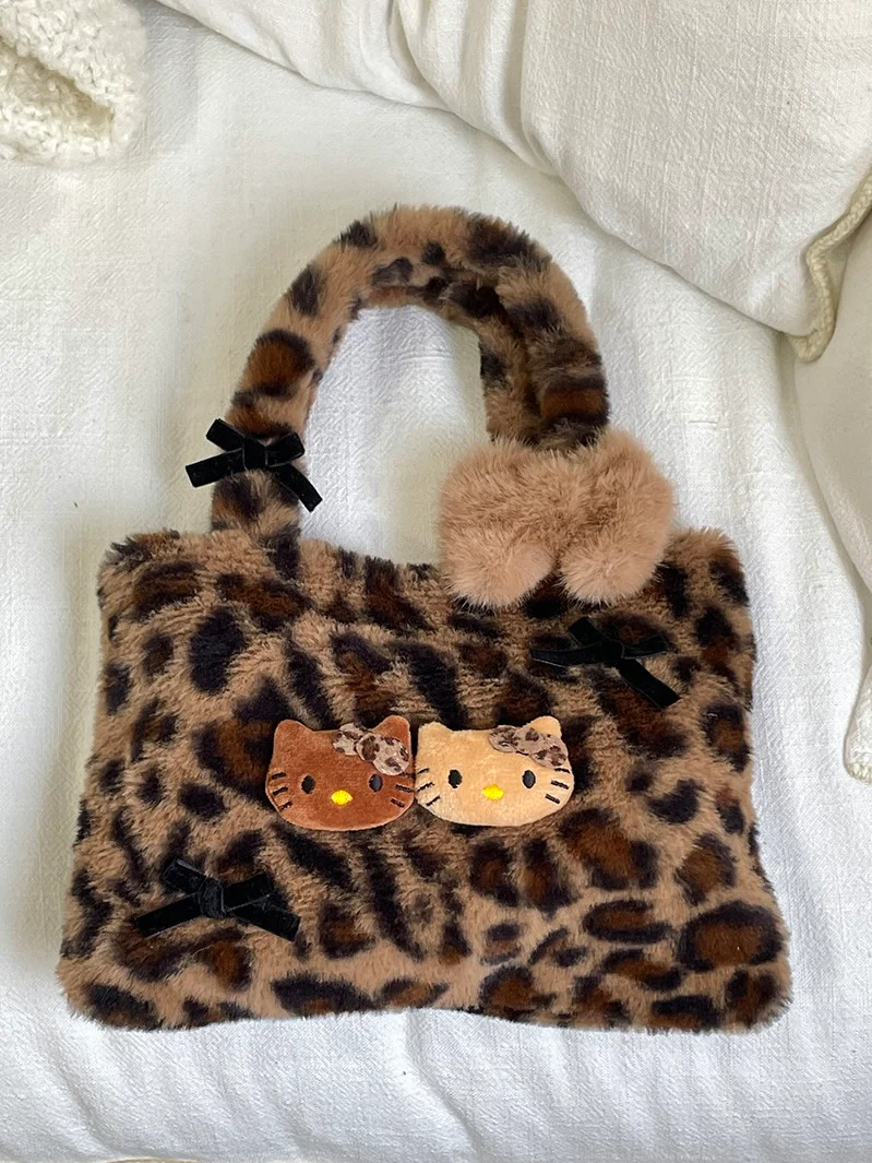 Hellokitty Leopard Print Cute Small Bags Plush Bag for Women Kawaii Carry on Bag Handbags