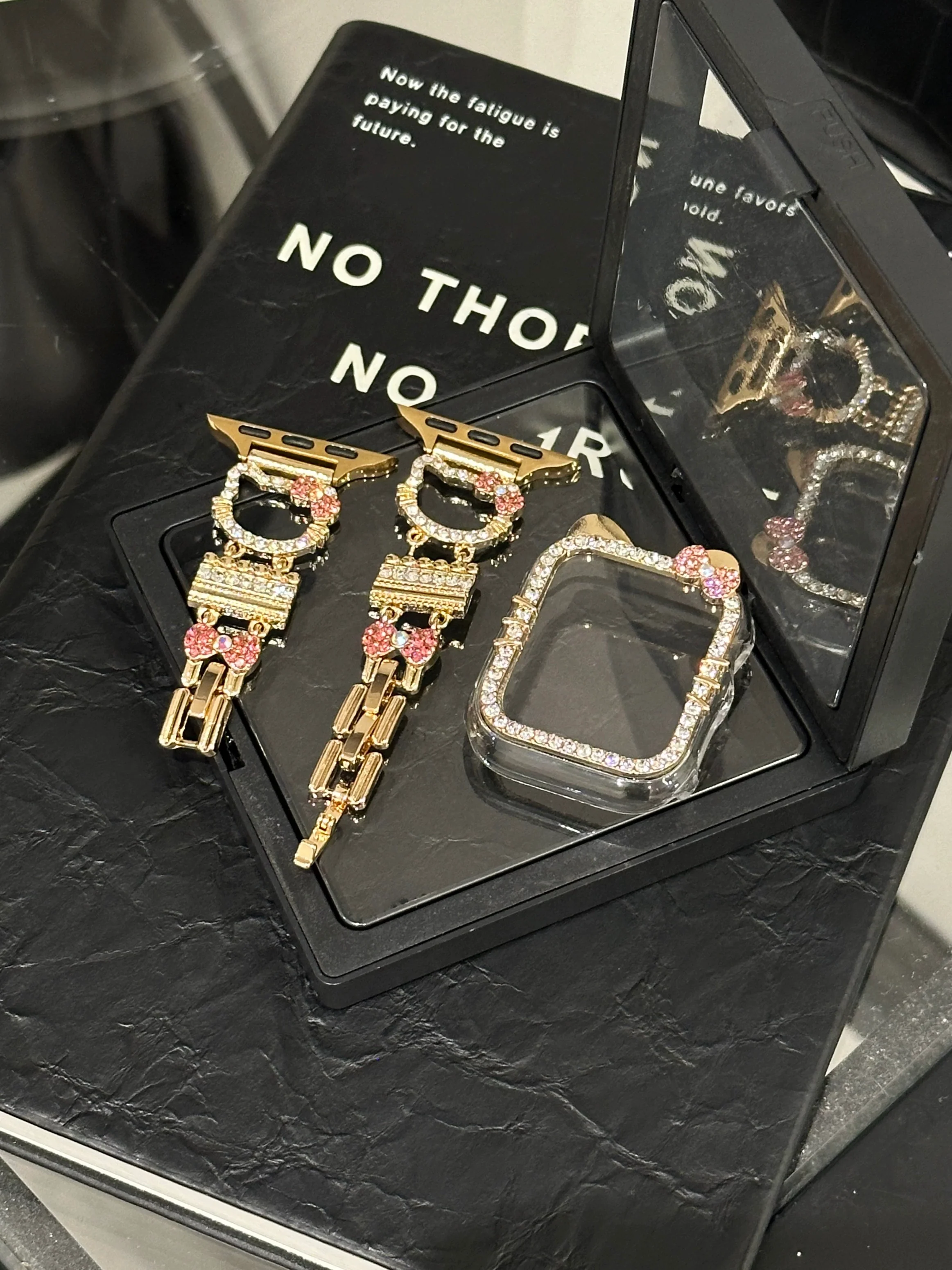 Hellokitty Apple Watch Band Bling Diamond Jewelry Metal Strap Bands with Screen Protector Case, Round Shiny Bracelet Wristband for iWatch Series