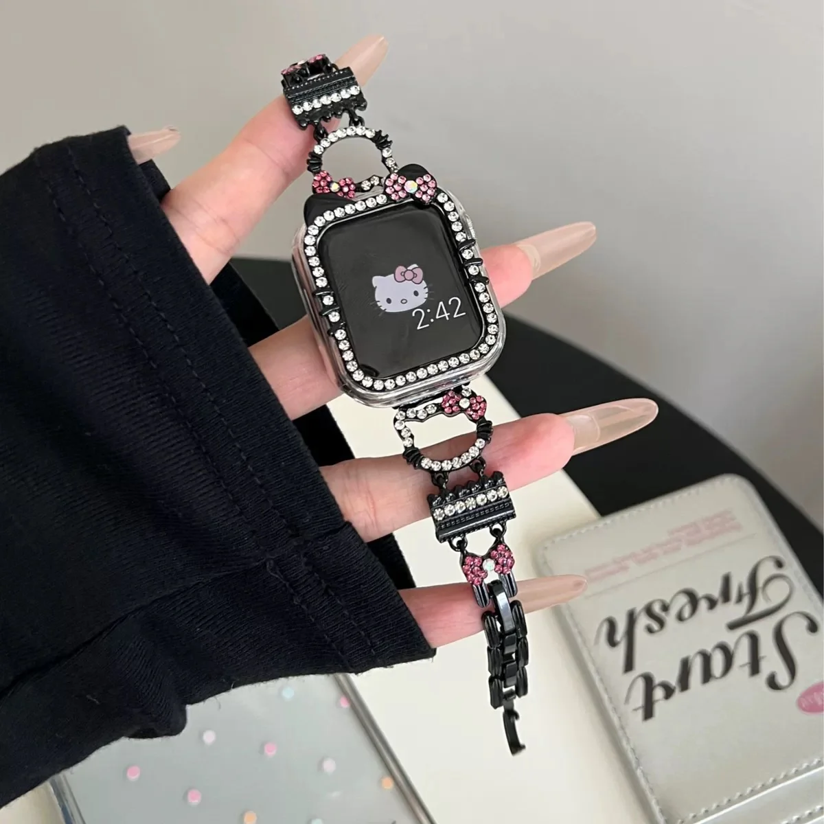 Hellokitty Apple Watch Band Bling Diamond Jewelry Metal Strap Bands with Screen Protector Case, Round Shiny Bracelet Wristband for iWatch Series