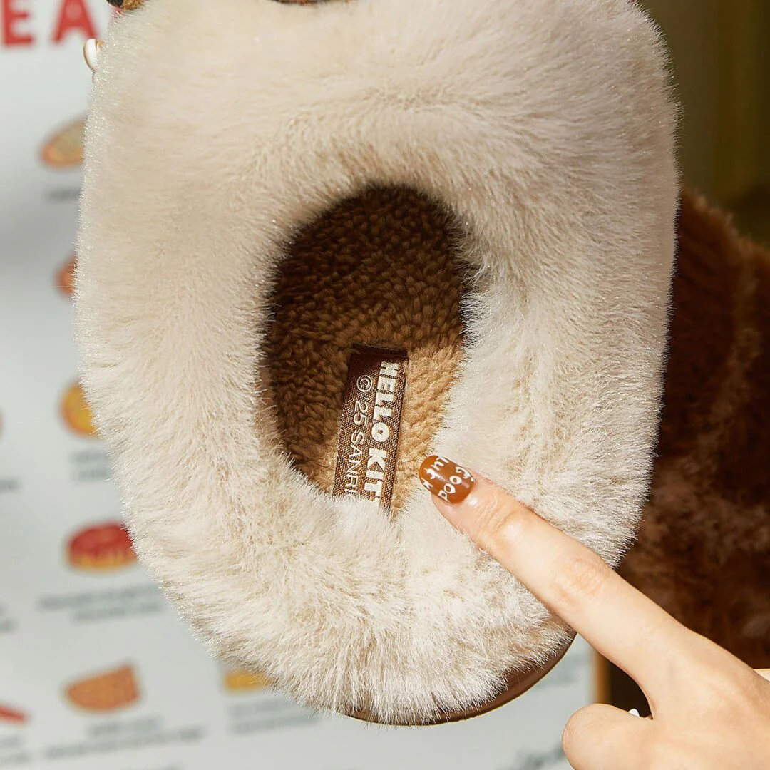 Hellokitty Fuzzy Brown Slippers Fluffy Fall Winter House Shoes Indoor and Outdoor